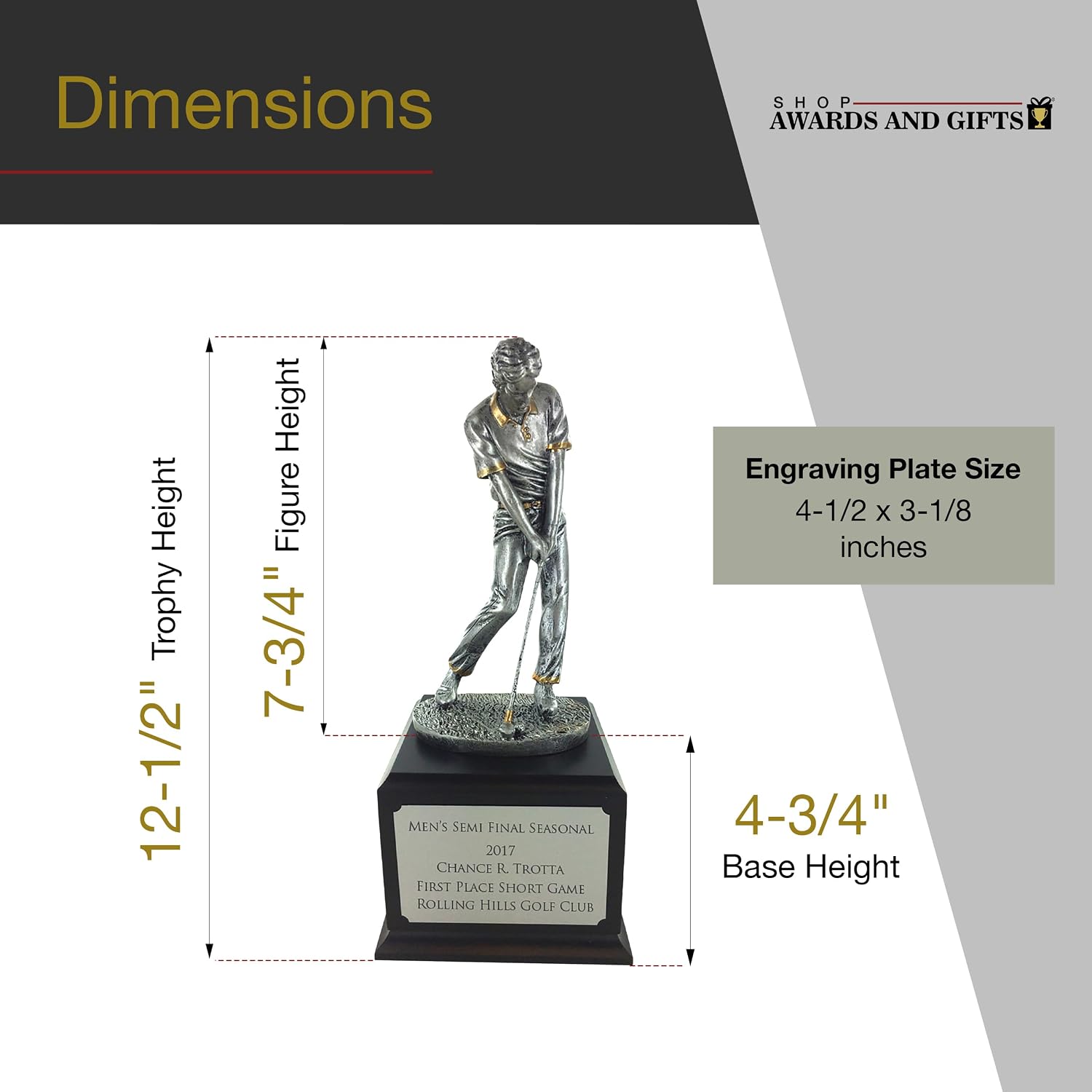 SHOP AWARDS AND GIFTS Customizable Silver and Gold Resin Male Golf Trophy Figure on Black Wood/Marble Base, Can Be Personalized
