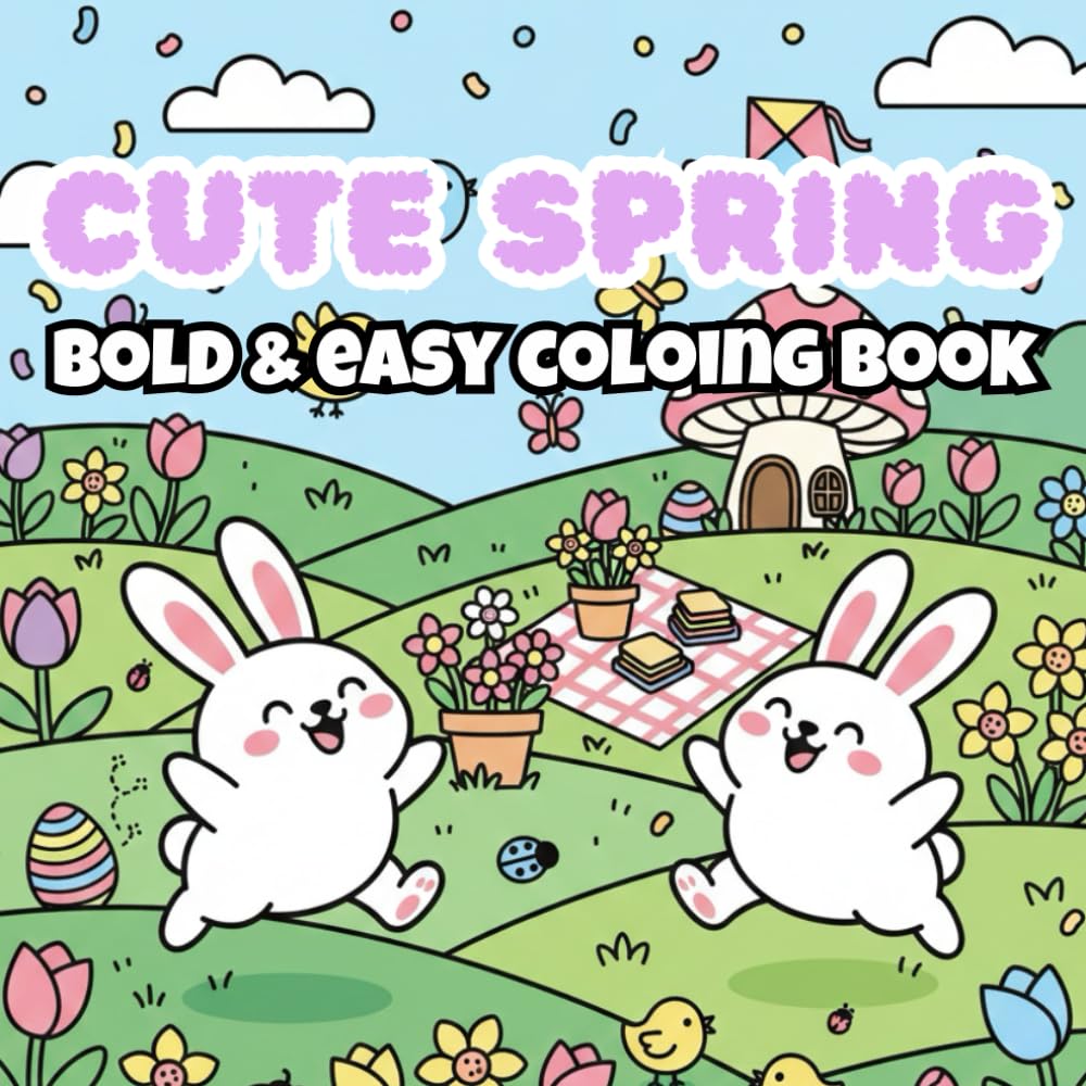 Cute Spring: Bold and Easy Coloring Book for Kids and Adults with Adorable Bunnies, Chicks, Flowers, and Fun Springtime Scenes for Stress Relief: Cute ... Adorable Bunnies, Chicks, Flowers, and Fun