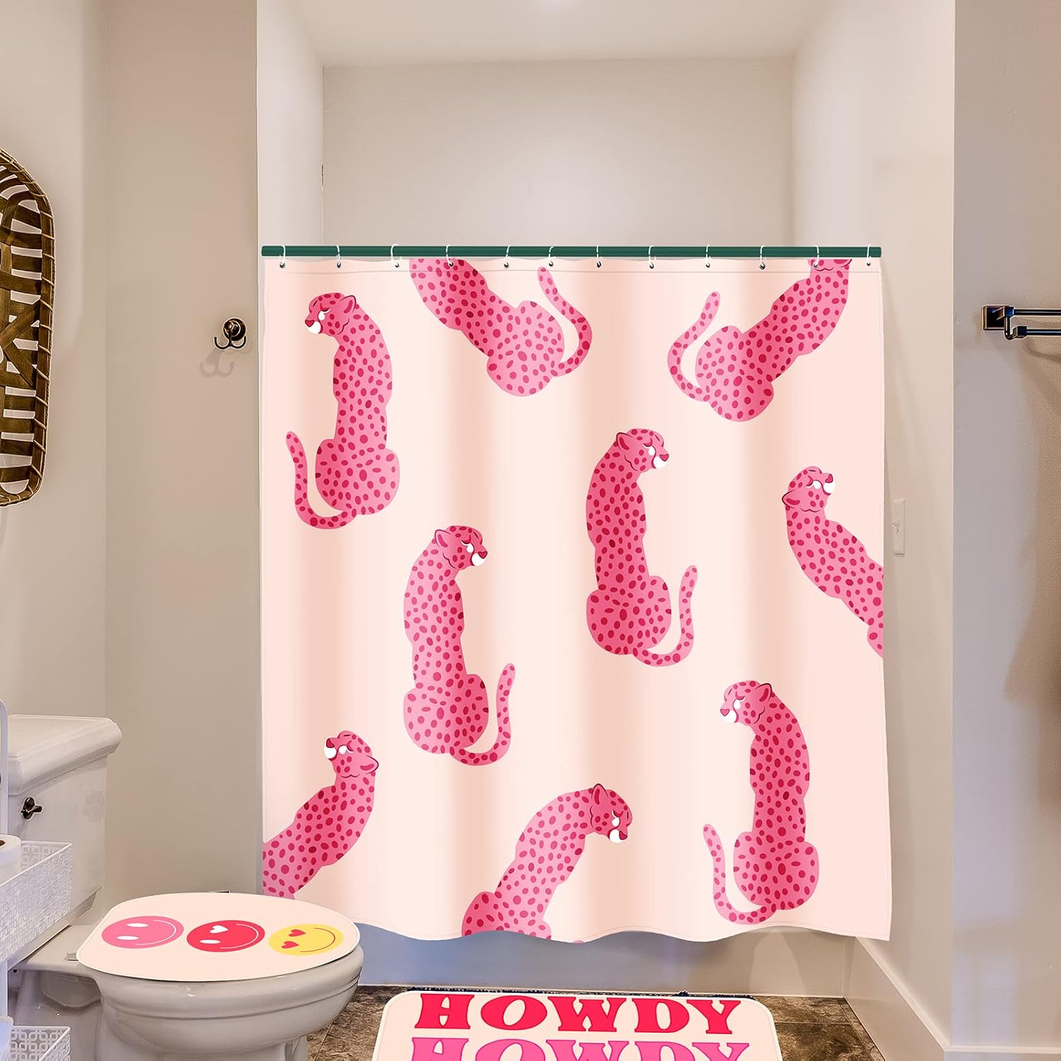 Rtteri 4 Pcs Pink Bathroom Sets, with Shower Curtain and Rugs Waterproof Leopard Girl Shower Curtain Sets with Rugs Smile Face Style (Bath Mat, U Shape Lightning and Toilet Lid Cover) and 12 Hooks