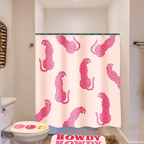 Miniatura 5 de Rtteri Juego de 4 piezas de baño rosa, con cortina de ducha y alfombras, impermeable, juego de cortinas de ducha con alfombras estilo cara sonriente
