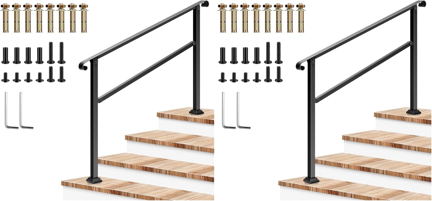 VIVOSUN Outdoor Handrail, 54" x 36" Fits 1-4 Steps, Wrought Iron Stair Railing with Curved Ends, One-Step Assembly, Black (Pack of 2)