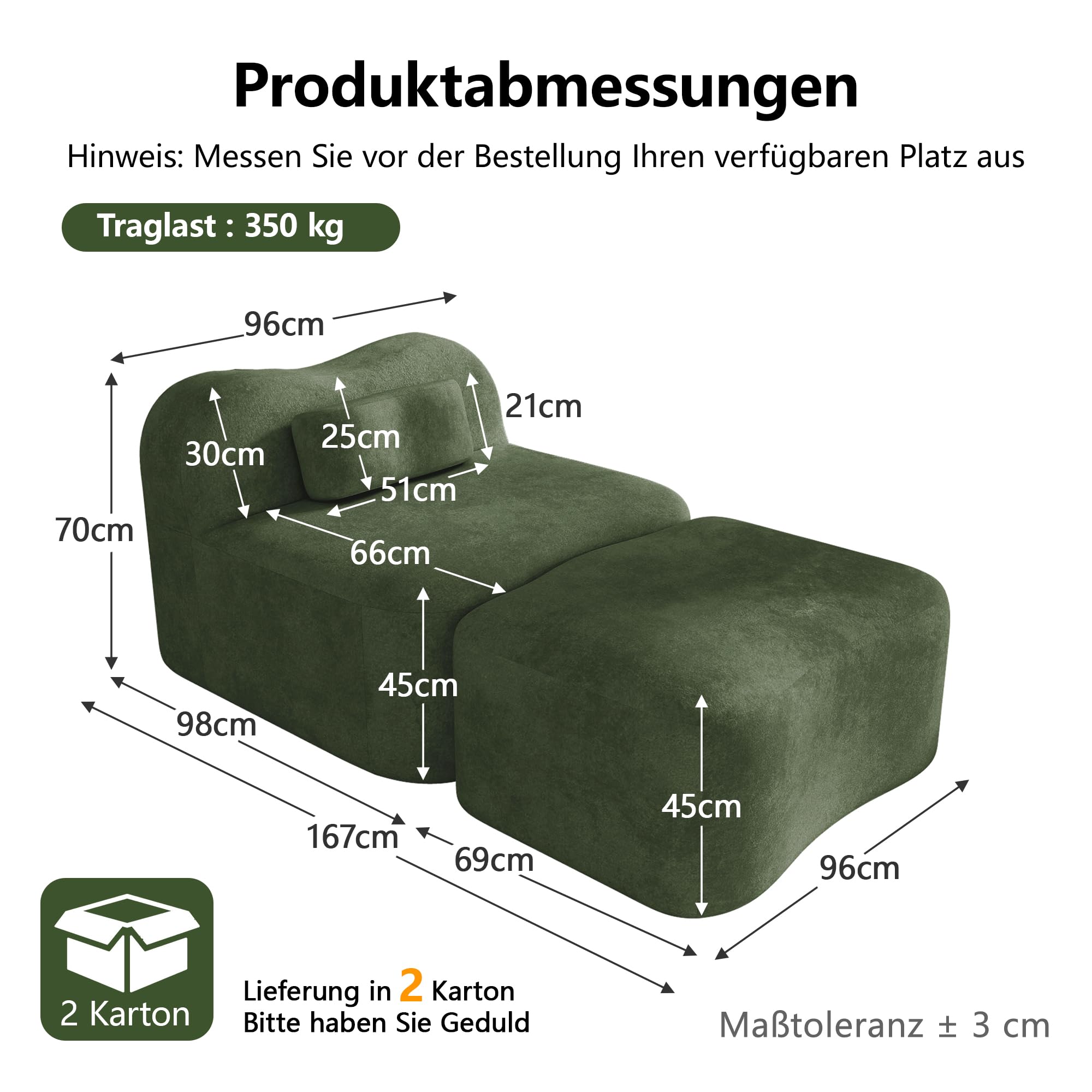 Divano con ottomano, verde, modulare singolo, senza cornice, design ondulato, imbottitura in schiuma 32D ad alta densità, cuscino per lo schienale mobile, tessuto morbido, per soggiorno e