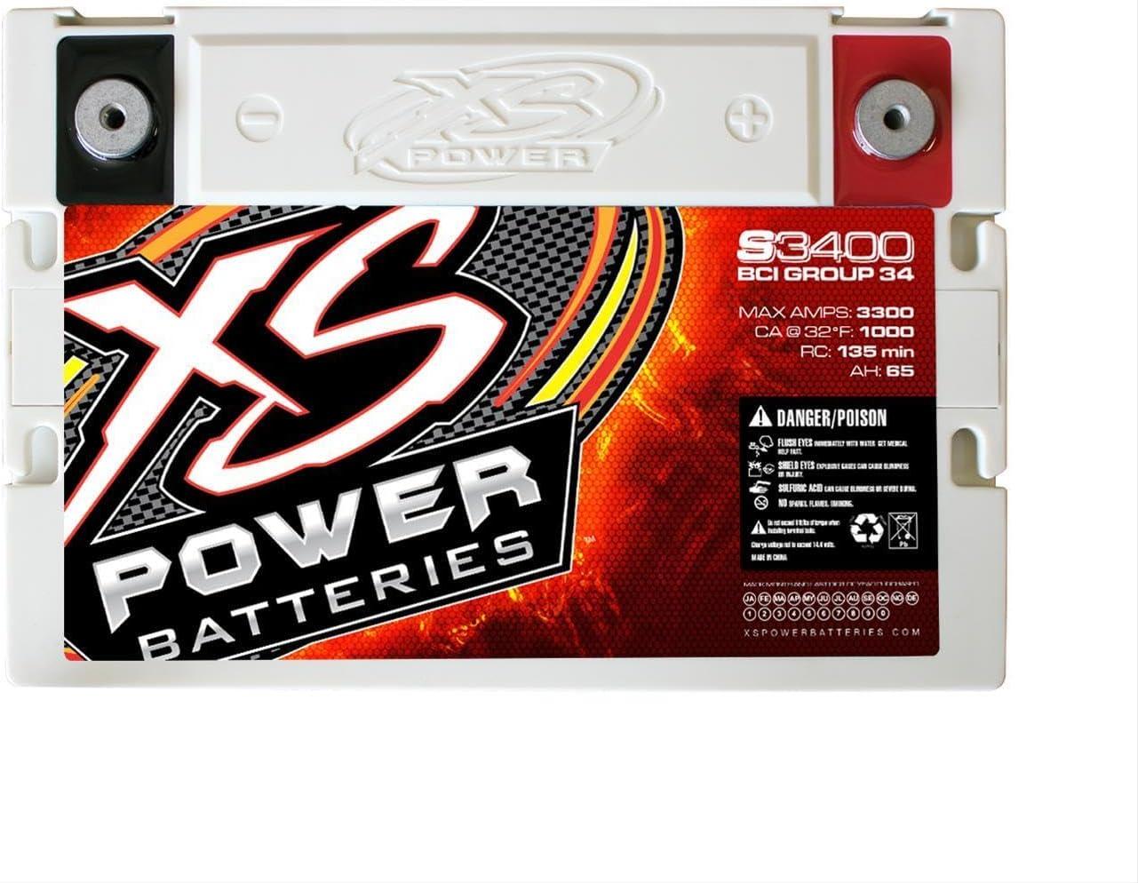 XS Power S3400 3300 Amp AGM Racing Battery with 580 & M6 Terminal Hardware - Group 34 12 Volt 80Ah 1150CA Deep Cycle AGM Powercell for Performance Race Cars