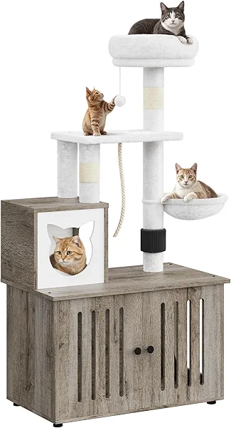 YITAHOME Cat Tree with Litter Box Enclosure, 2-in-1 Cat Furniture, Modern Cat Condo with Cat House, Perch, Food Station, Hammocks, Scratch Post, Hair Brush, 53.5 Inch, Grey