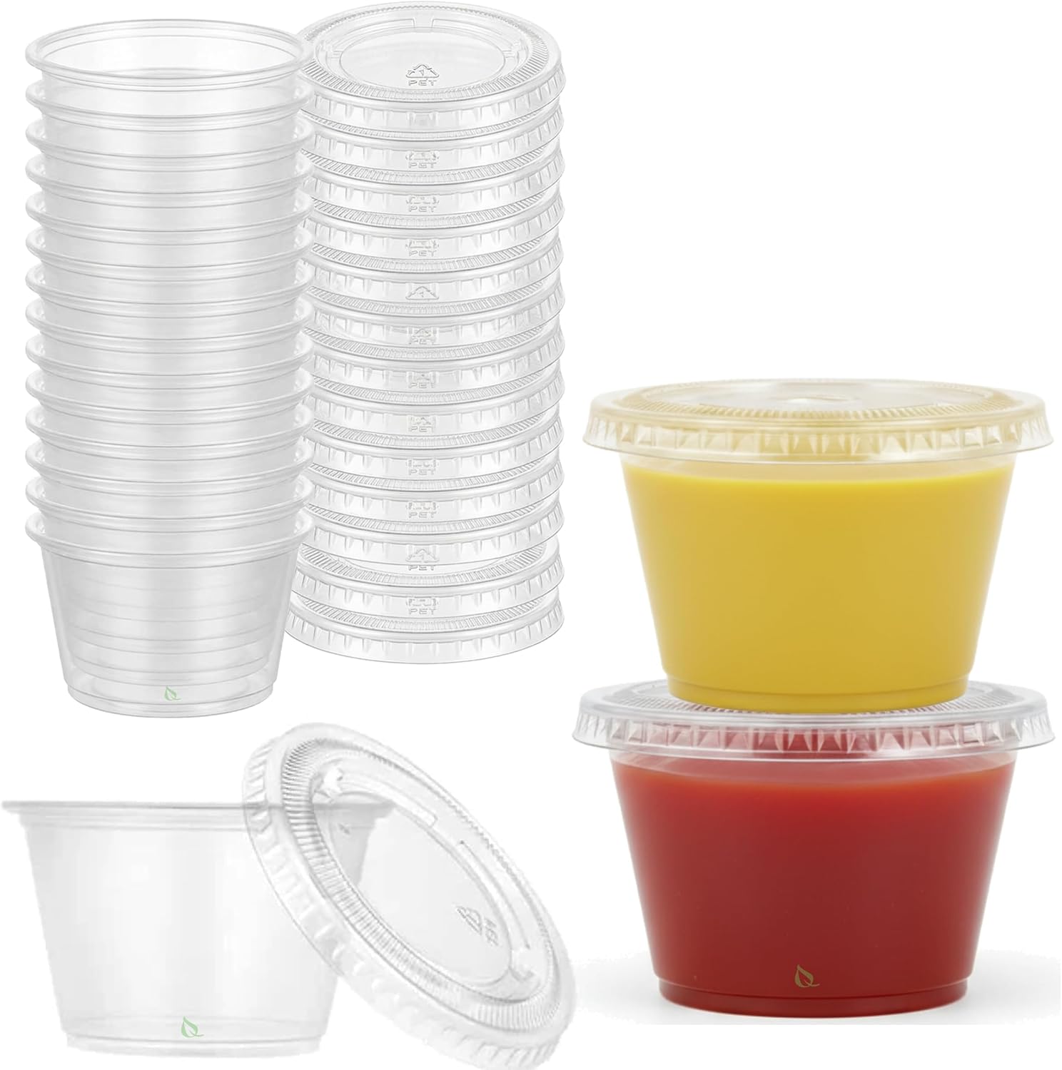 EcoQuality 1 oz Clear Plastic Portion Cups with Lids – Disposable and Reusable Soufflé Cups for Jello Shots, Condiments, Dips, Sauces, Salad Dressings, Sampling, and Meal Prep (50 Pack)