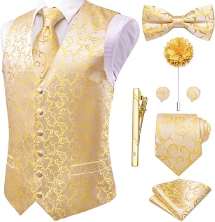 Silk Mens Suit Vest Tie and Bowtie Lapel Pin Gold Tie Clip Paisley Floral Waistcoat 8PCS Set Tuxedo Wedding Party