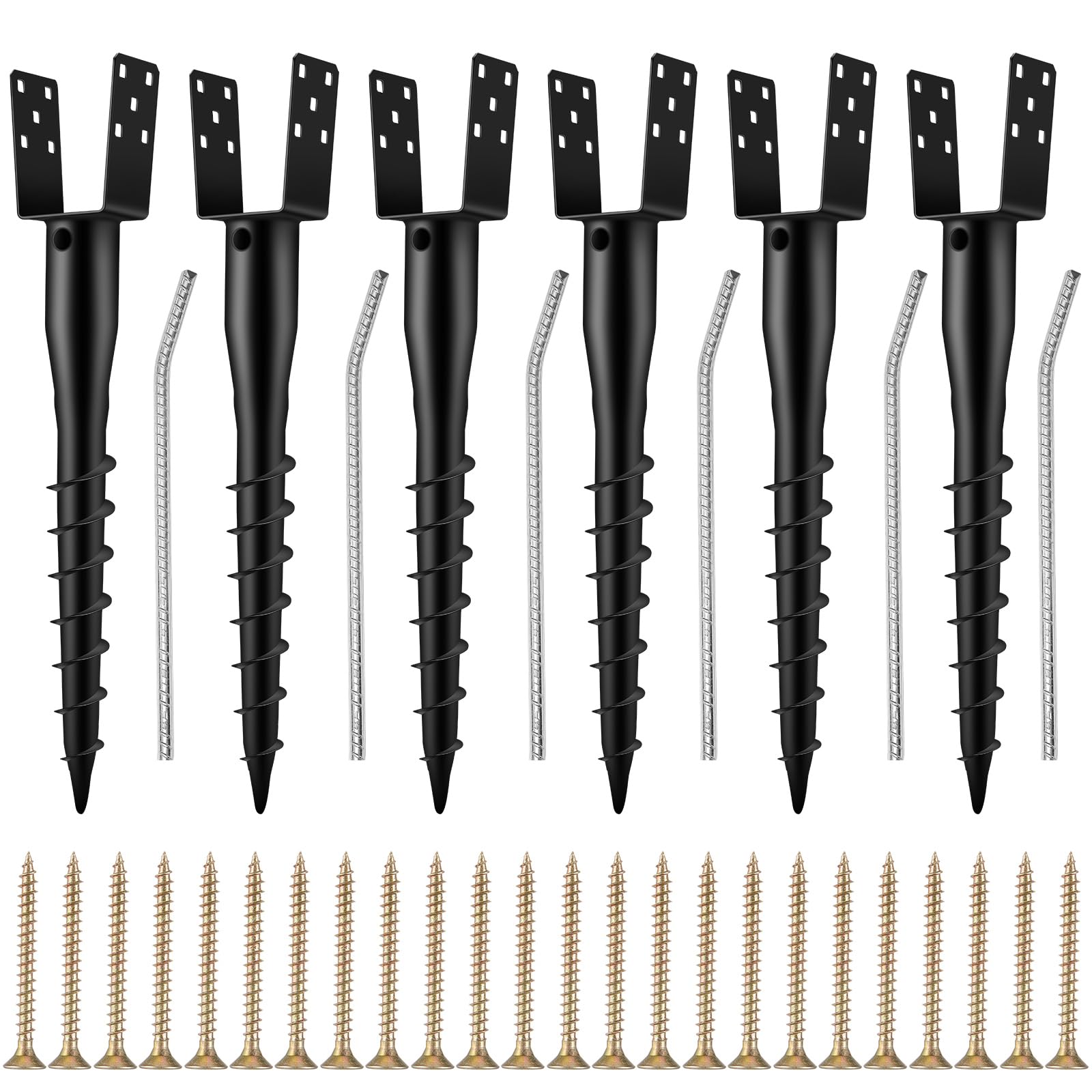 Hicarer 6 Set No Dig Ground Anchor U Model Screw in Post Stake Black Fence Post Anchor Ground Spike Mailbox Post Anchor, Fits Standard 4 x 4'' Post (4.6 x 4.6 Inch Actual), for Mailbox and Fence Posts