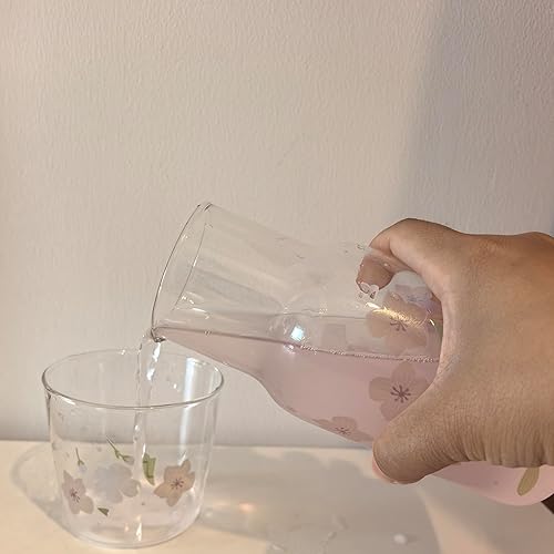 Miniatura 5 de Juego de jarras de agua y vasos de noche con flores de Sakura, botella de vidrio con taza para baño, dormitorio, mesita de noche