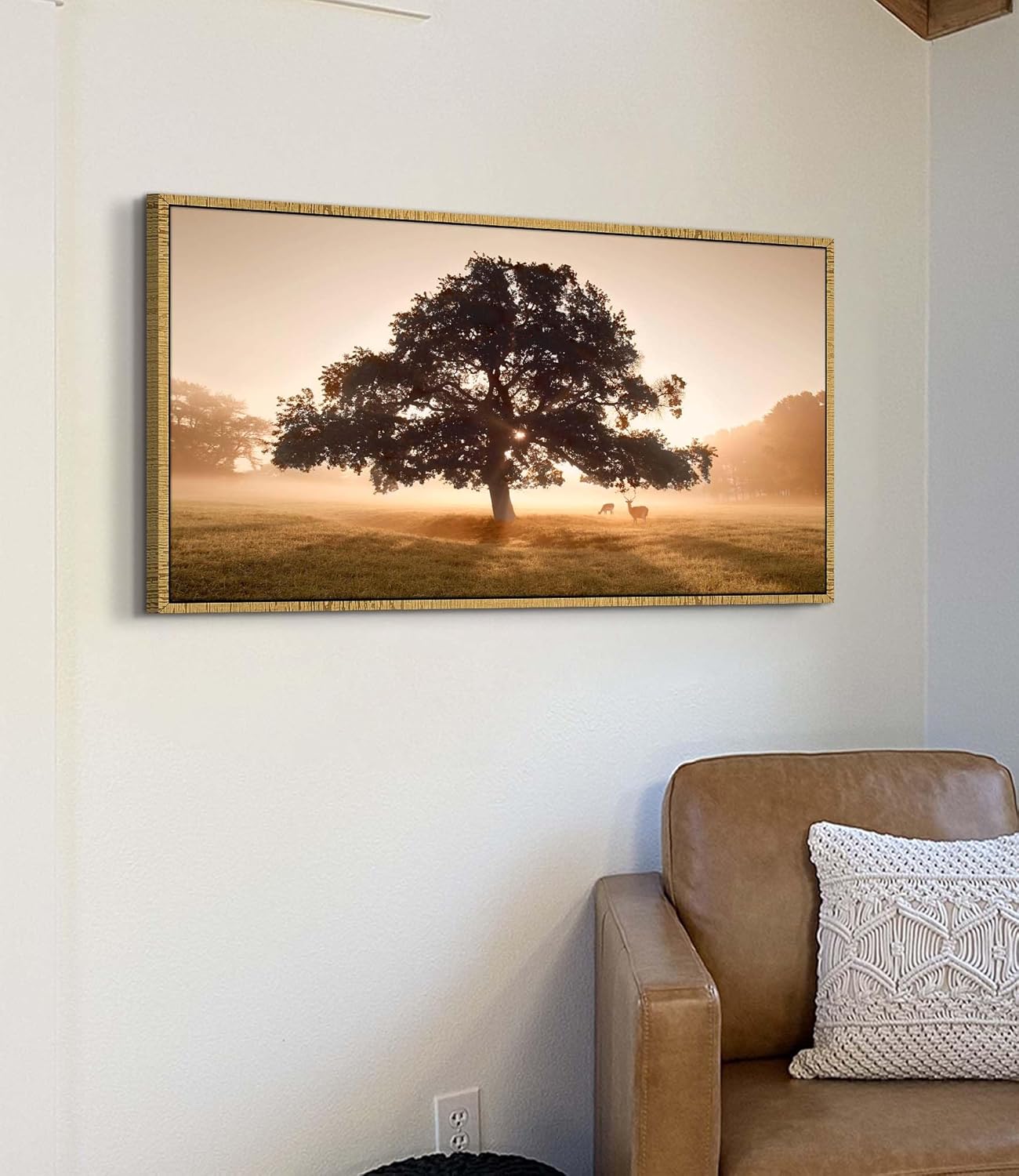 Majestic Oak Canvas Wall Art: Tree Framed Picture Dusk Landscape Painting Sunset Nature Artwork Wildness Prints for Living Room