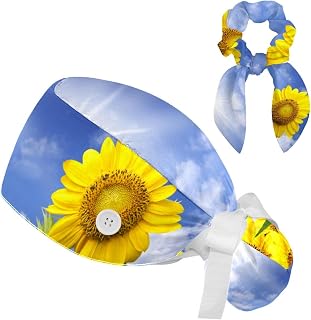 2 Pieces Surgical Cap for Long Hair Scrub Cap with Hairband Nurse Cap, Sunflower Field
