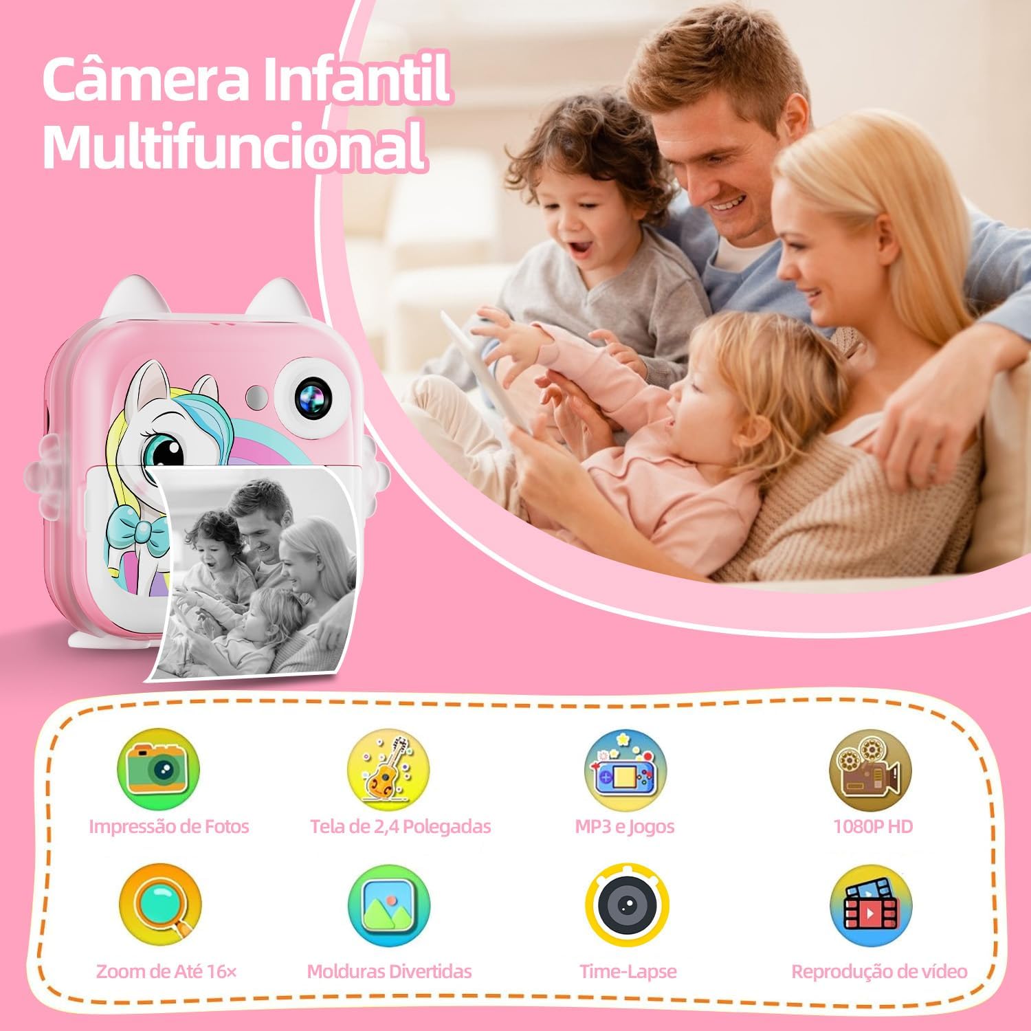 BAZIK Câmera Fotográfica Infantil, Câmera Digital Infantil que Imprime 20MP 1080P, Tela 2,4", Zoom 6X, Impressão Térmica 200 dpi, Vídeo, Time Lapse, Jogos, Portátil com Papel de Impressão – Rosa BAZIK Câmera Fotográfica Infantil, Câmera Digital Infantil que Imprime 20MP 1080P, Tela 2,4", Zoom 6X, Impressão Térmica 200 dpi, Vídeo, Time Lapse, Jogos, Portátil com Papel de Impressão – Rosa