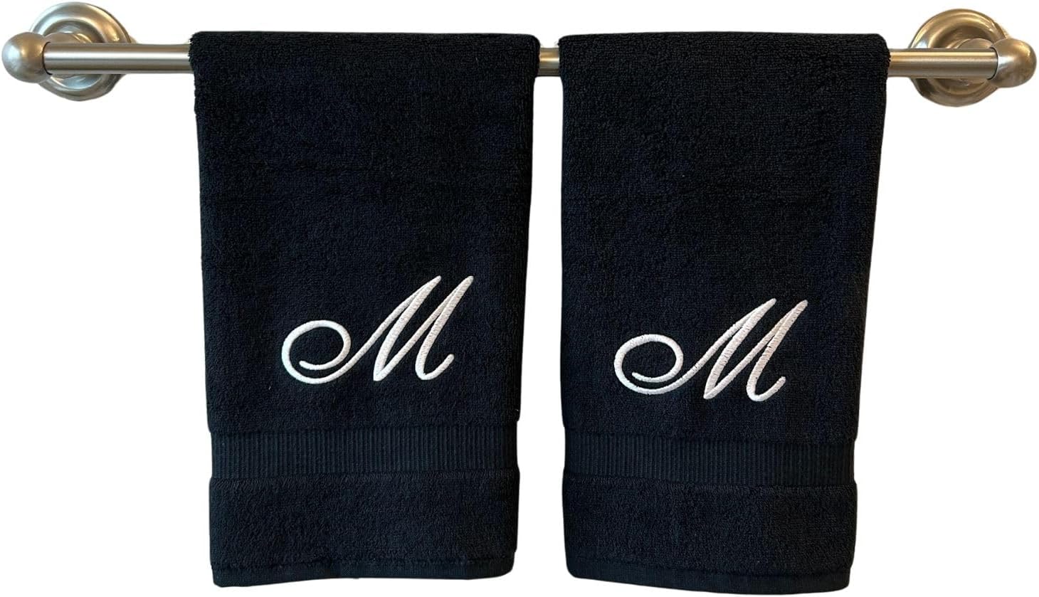 Black Monogrammed Hand Towels for Bathroom - Luxury Hotel Quality Personalized Initial Embroidered Towel for Powder Room, Spa - GOTS Organic Certified - Set of 2 White Letter M