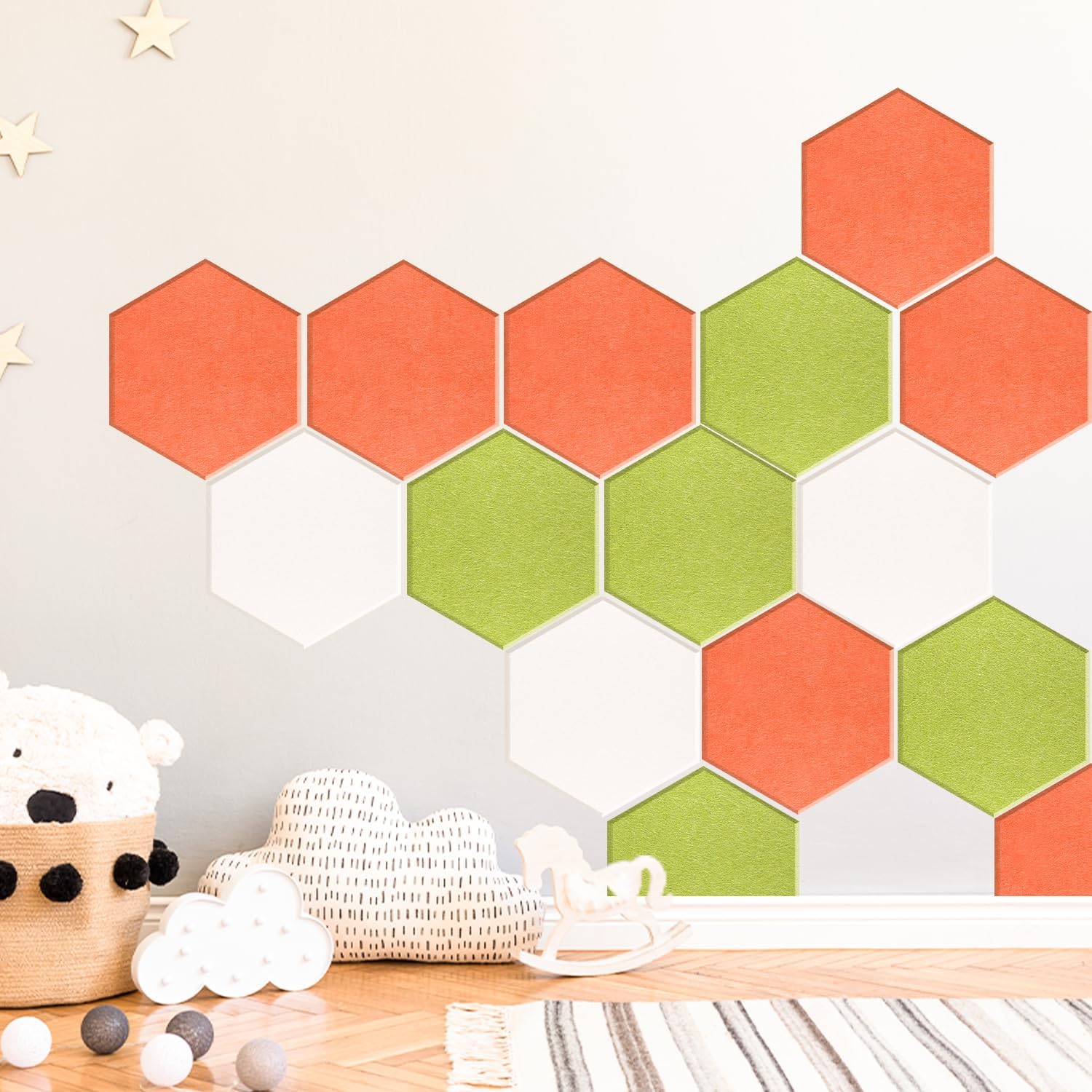 Mollywell Hexagon Acoustic Panels 14x12 - Reduce Echo & Reverb, Noise Blocking Wall Tiles for Playroom & Studio, Orange & Fruit Green Sound Absorbing Panels