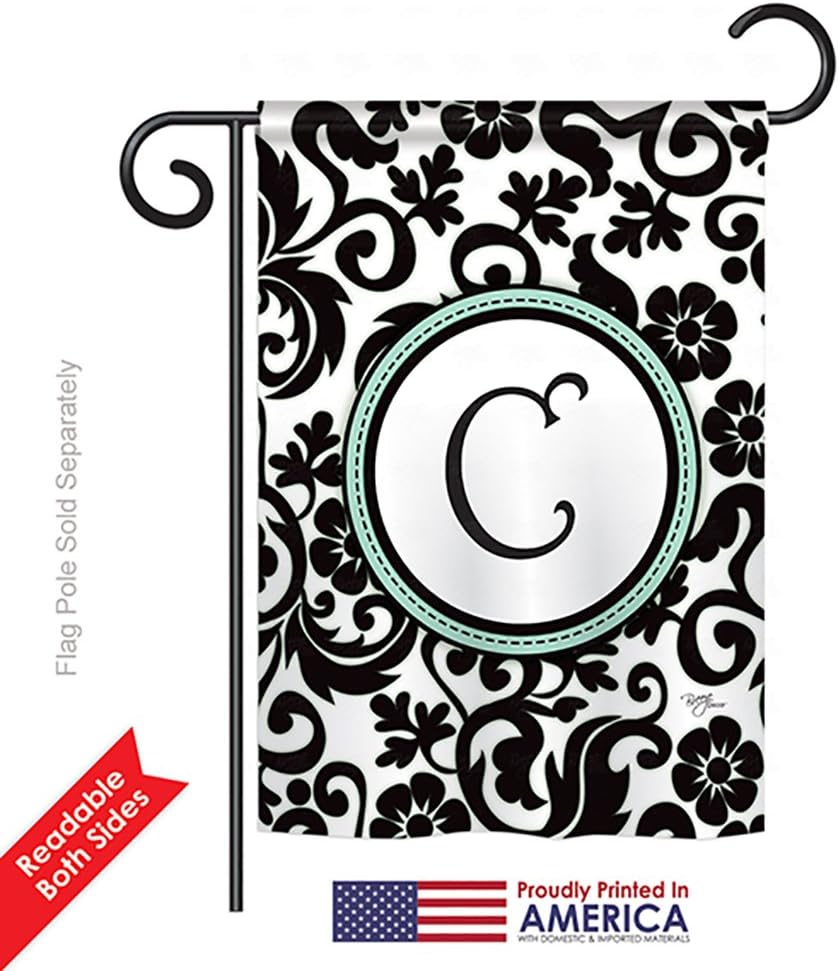 Damask C Initial Garden House Flags Set Monogram Country Living Simply Beauty Floral Vintage Letter Everday Classic Small Decorative Gift Yard Banner Double-Sided Made In USA 28 X 40