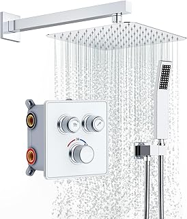 Rainsworth Duschsystem Unterputz mit Thermostat 38℃ Chrom, Einstellbarer Wasserdurchfluss, Unterputz Duscharmatur Set mit 25 * 25cm Regendusche, Duschset mit Handbrause