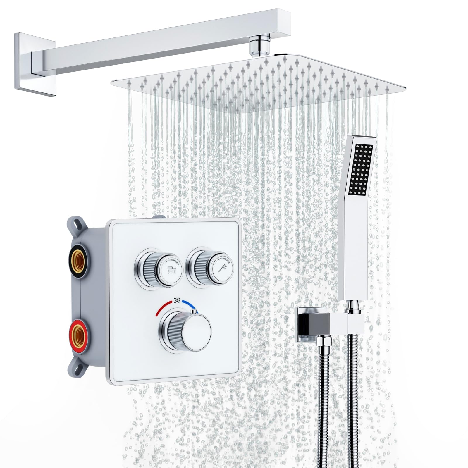 Rainsworth System prysznicowy podtynkowy z termostatem 38℃ chrom, regulowany przepływ wody, podtynkowa armatura prysznicowa zestaw 25 x 25 cm, deszczownica, zestaw prysznicowy z słuchawką prysznicową