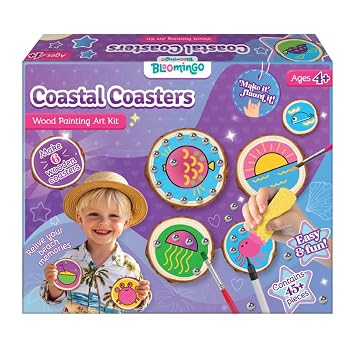 Bloomingo Art & Craft Kit for Ages 4+ - Coastal Coasters - Wood Painting Art Kit | Easy-to-follow instructions | DIY kit for kids | 6 Wooden Coasters | Wood Painting | Beach-themed coasters | Crabs | Shells | Fish | Neon paints | Gem stickers | Create and decorate