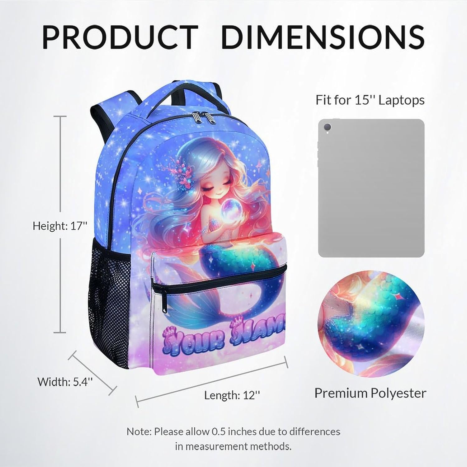 Girls Backpack - Personalized Mermaid Backpacks with Name for Kids - Custom Bookbag Gifts for Daughter - Toddler School Bag for Kindergarten/Preschool/Elementary(17 Inch)