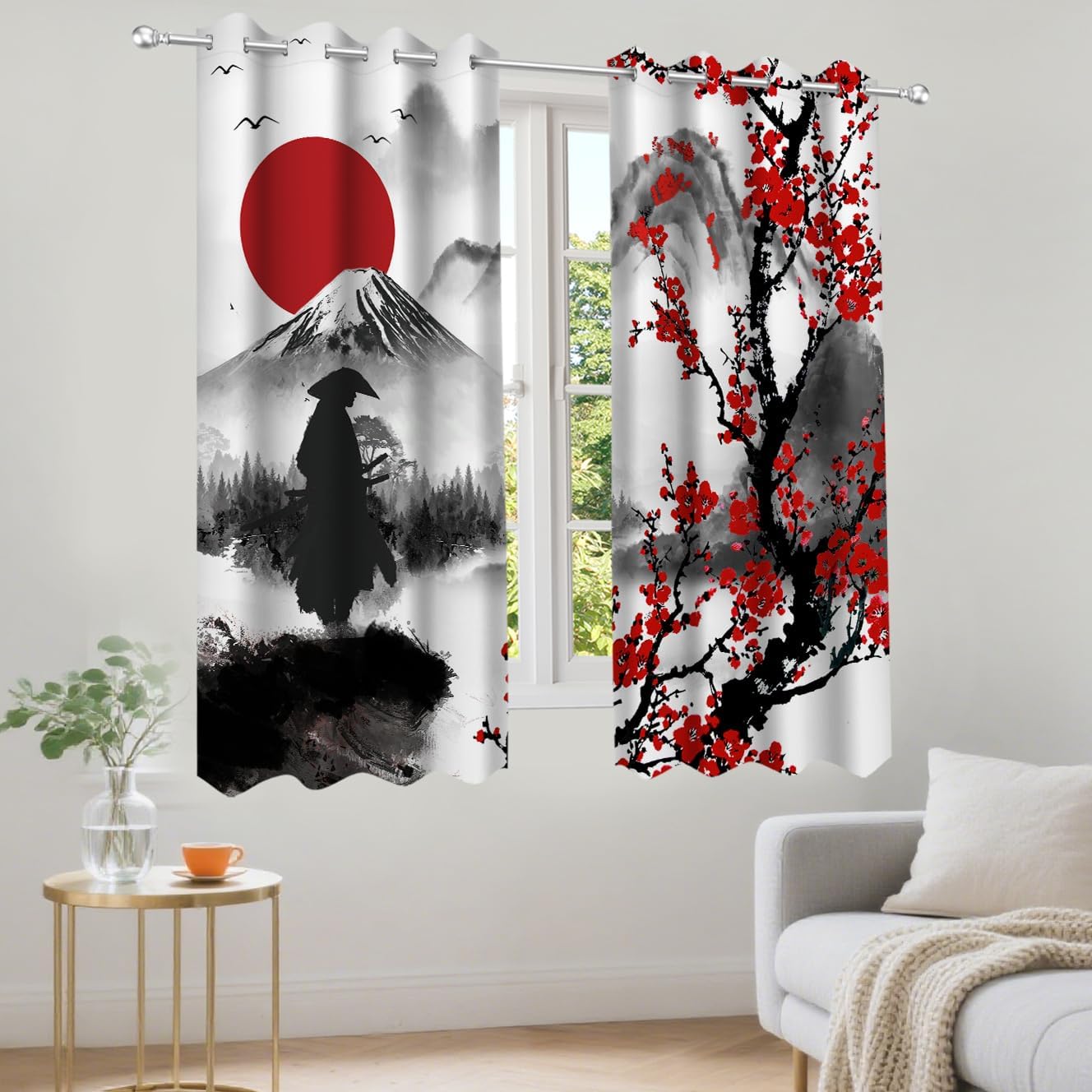 Japanese Anime Curtains Cherry Blossom Ink Floral Samurai Red Sun Mountain Asian Curtains for Bedroom Living Room Room Darking Grommet Window Drapes 2 Panel, 42X63 Inch