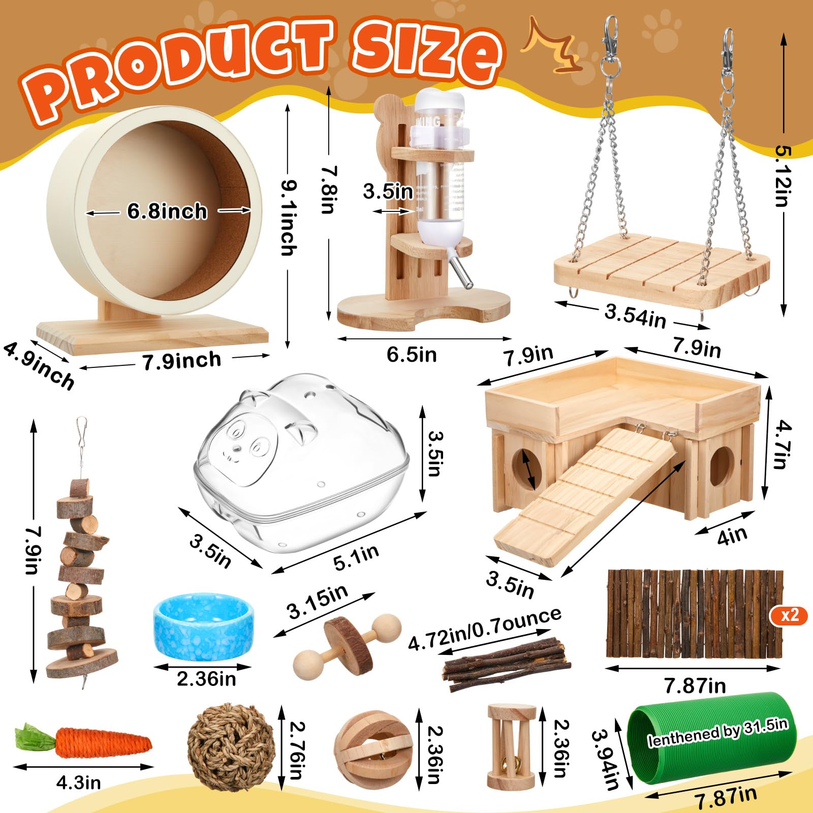 Lot de 19 jouets pour hamster, tronc d'arbre en bois, tunnel, tube silencieux, roues d'exercice, bouteille d'eau, bol de bain de sable, 10 types de jouets à mâcher pour hamster, habitat