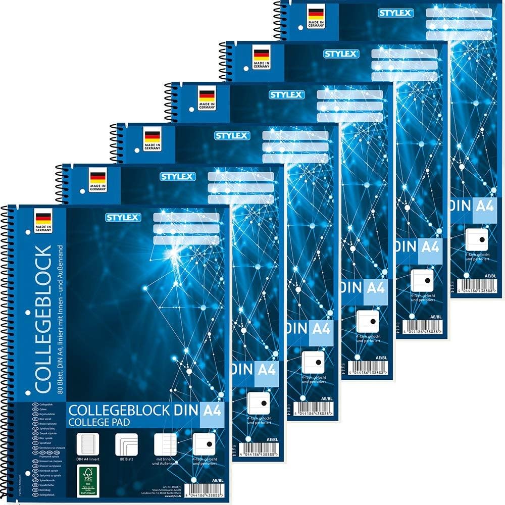 Stylex 43888P6 College notebook with spiral binding, lined, DIN A4