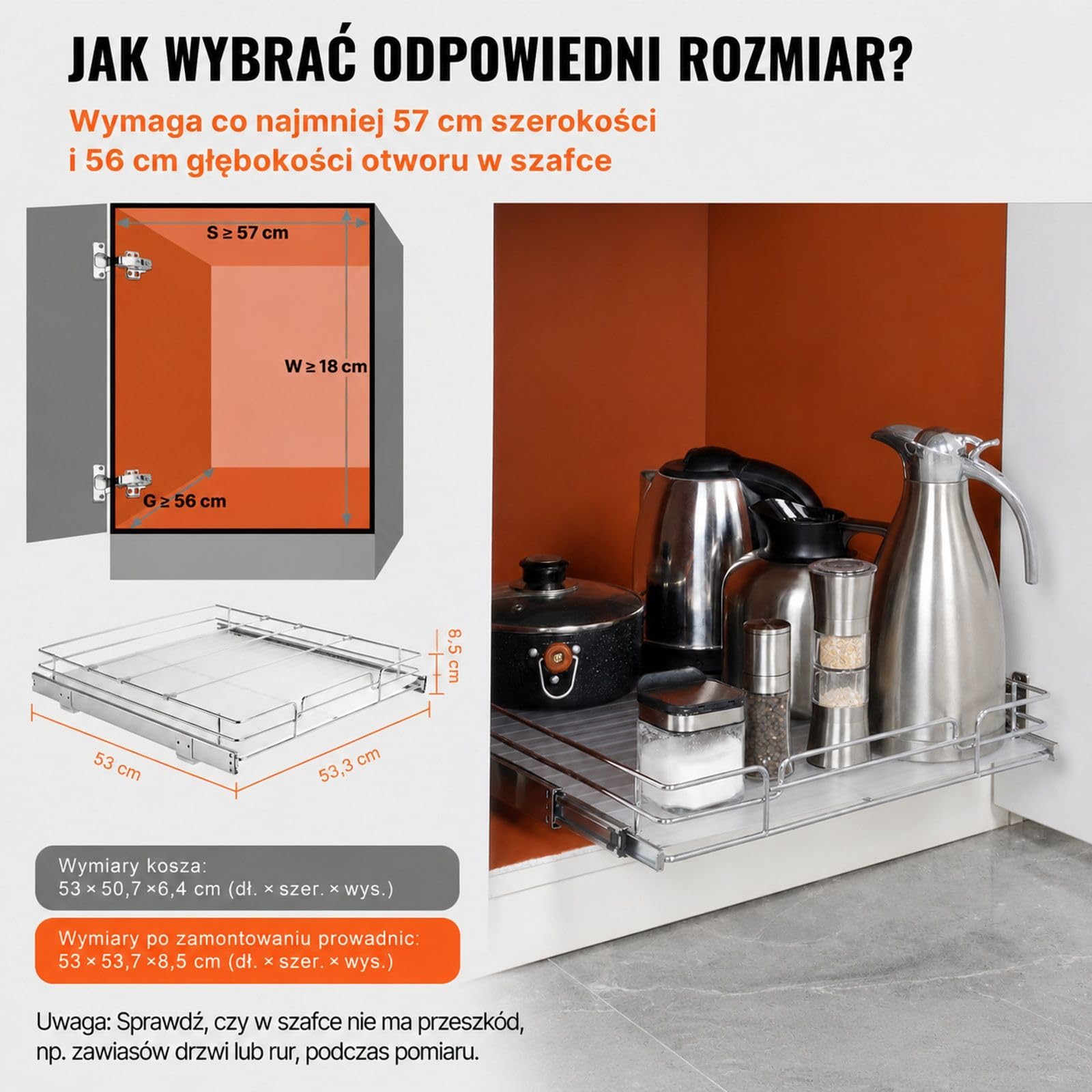 Wysuwany stojak na przyprawy do szafki kuchennej, srebrny organizer jednopoziomowy ze stali chromowanej