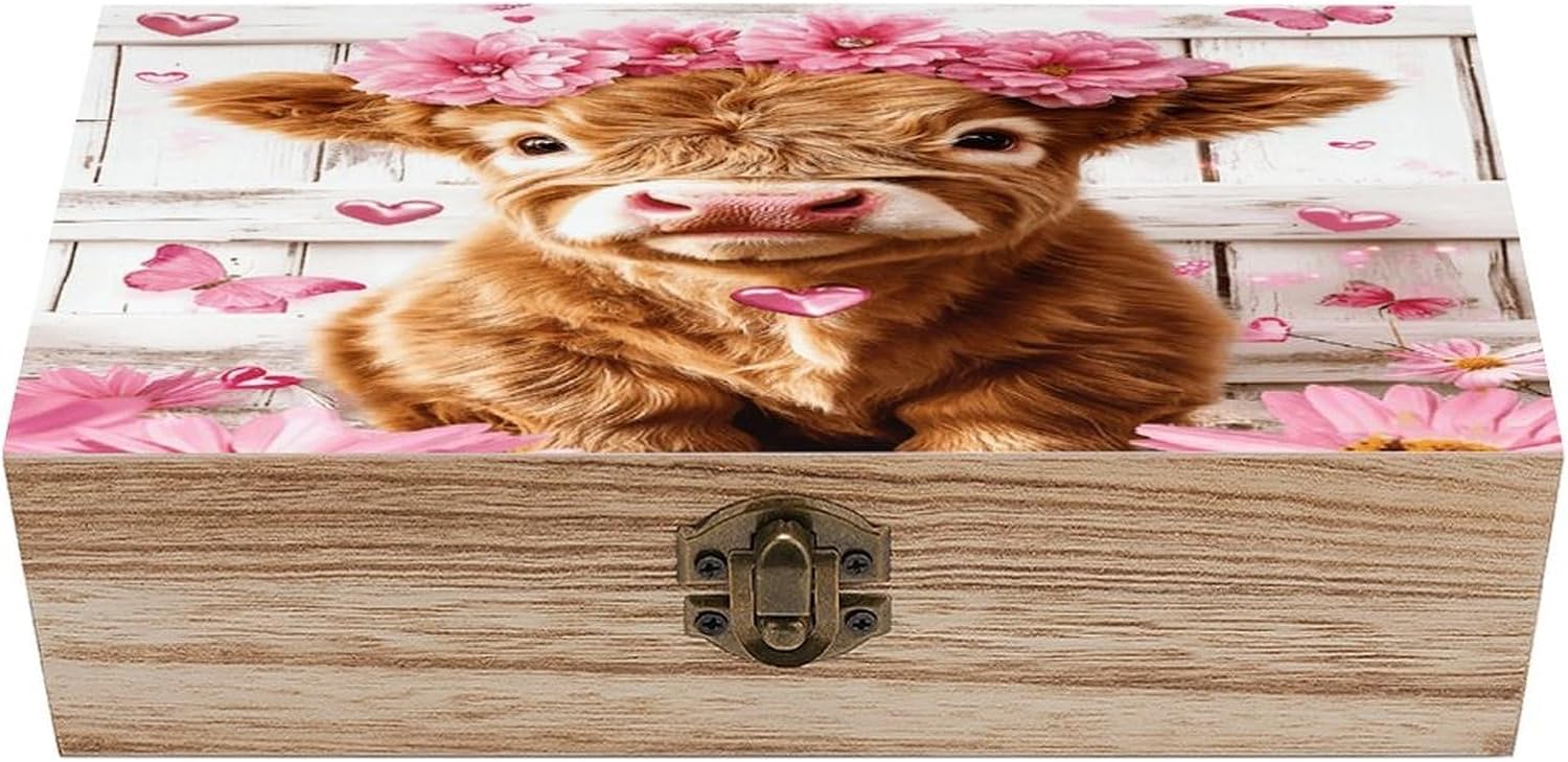 Cute Pink Highland Cow Wooden Storage Box Elegant Retro Jewelry Box