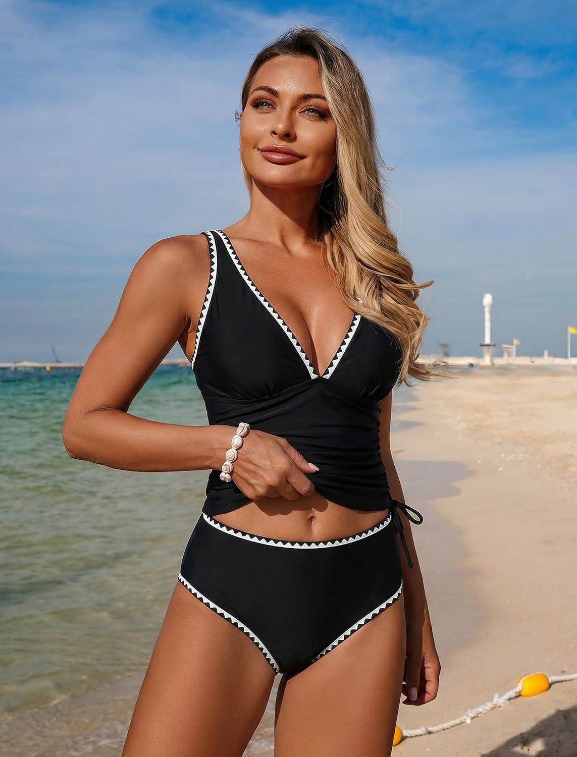 ZEZCLO Women's Tankini Swimsuits Shell Stitch Tummy Control Ruched Swim Suits 2026 Full Coverage Color Block Bathing Suit