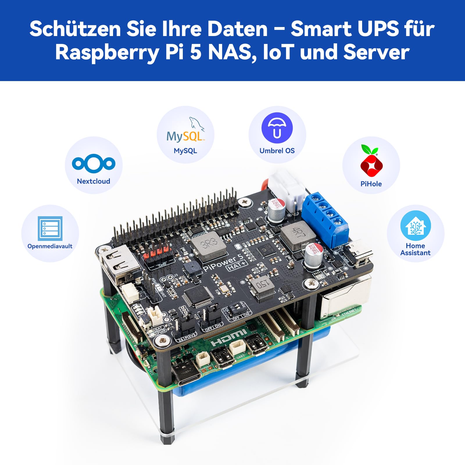 PiPower 5 UPS HAT für Raspberry Pi 5/4B/3B+/Zero 2 W, 5V/5A Netzteil mit Batterie-Backup, sicheres Herunterfahren, Smart Alerts & Monitoring, USB-C PD 45W für NAS, Server und Home Assistant