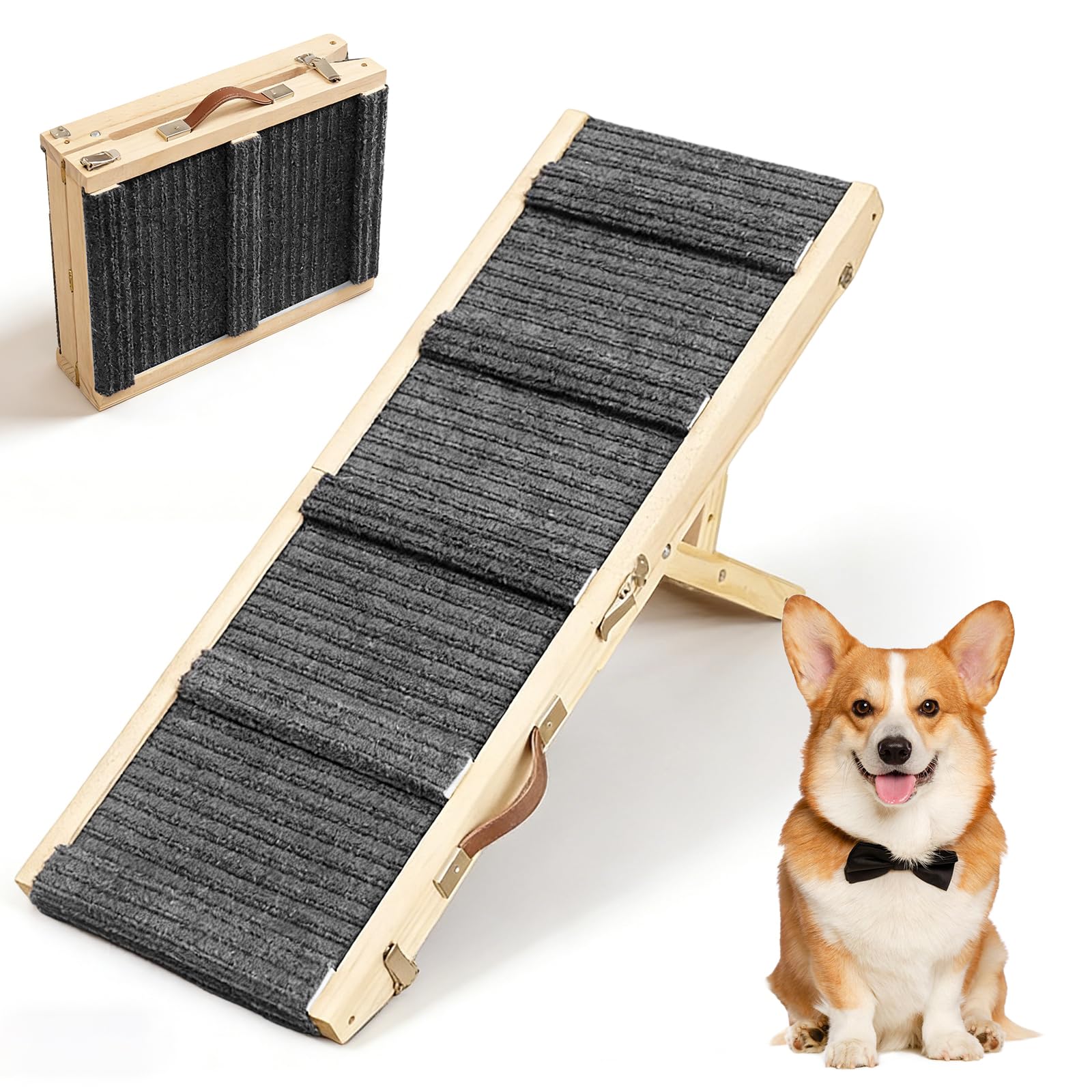 Hundetreppe, klappbare rutschfeste Sicherheitsrampe extrabreit und höhenverstellbar, bis 100 kg belastbar für Auto, Sofa, Bett sowie kleine Hunde im Haushalt und auf Reisen