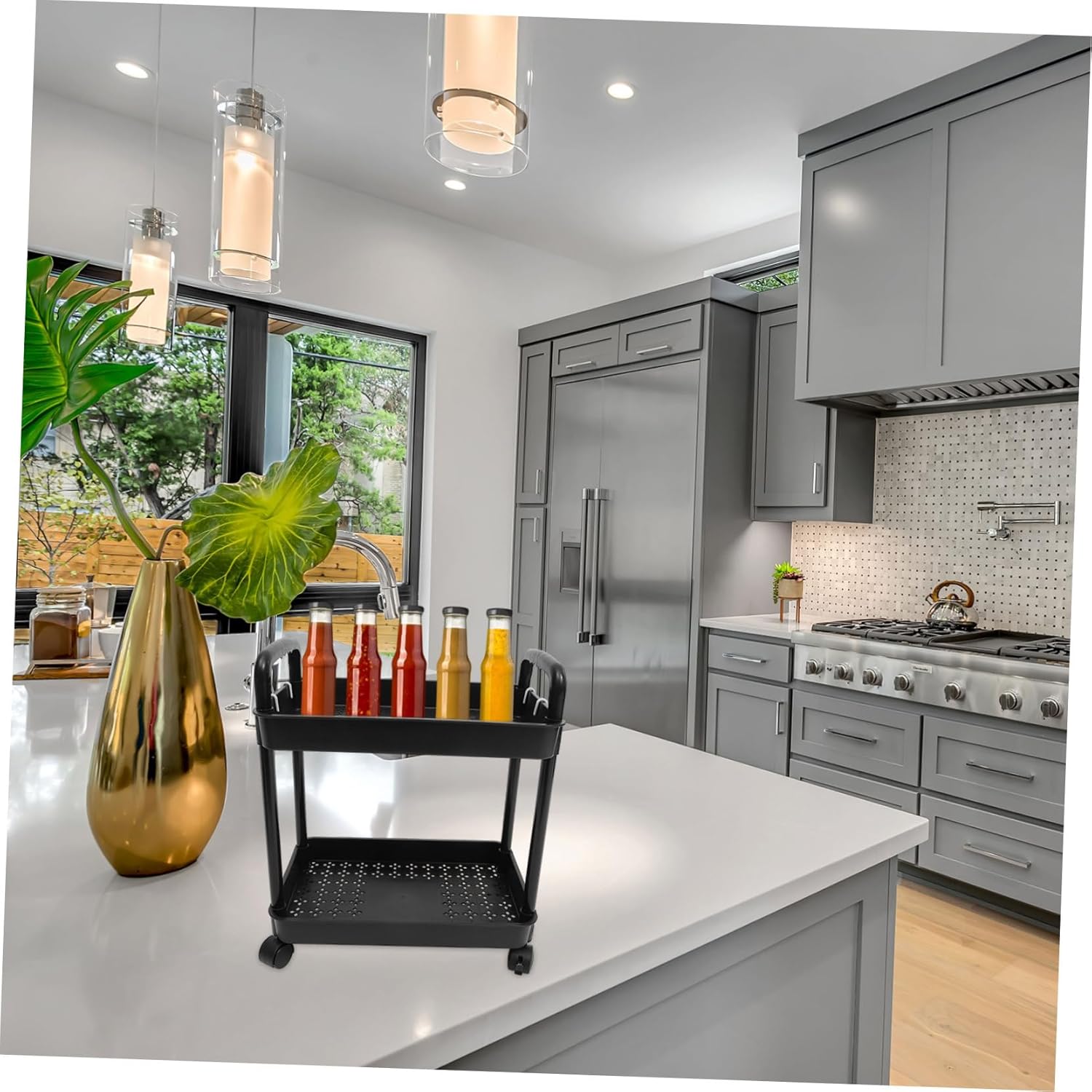 Double Layer Stroller Storage Rack Rolling Cart Wheels Garden Wagon Cart for Kitchen Bathroom