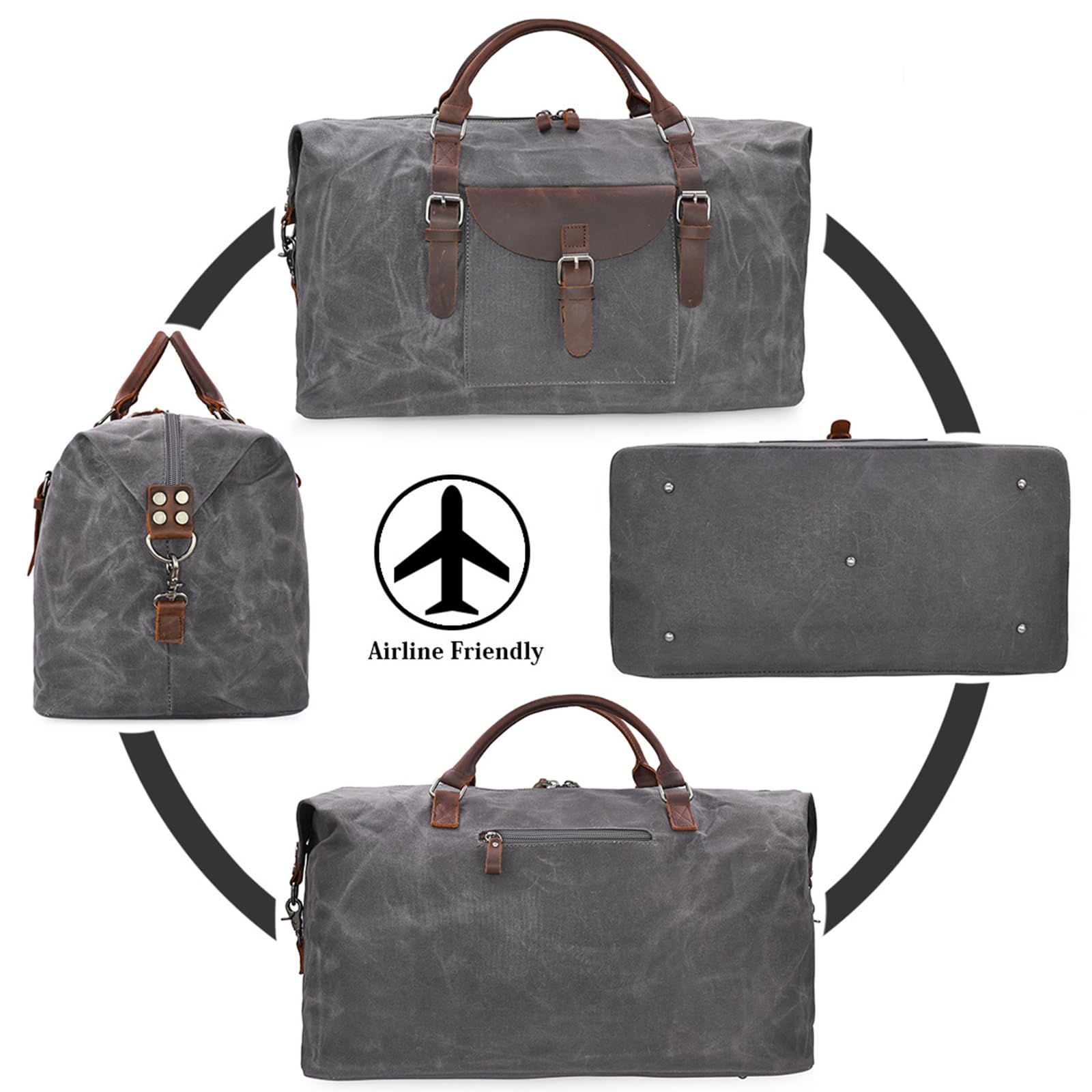 Bolsa de viaje de gran tamaño, impermeable, lona, para fin de semana, piel, para pasar la noche