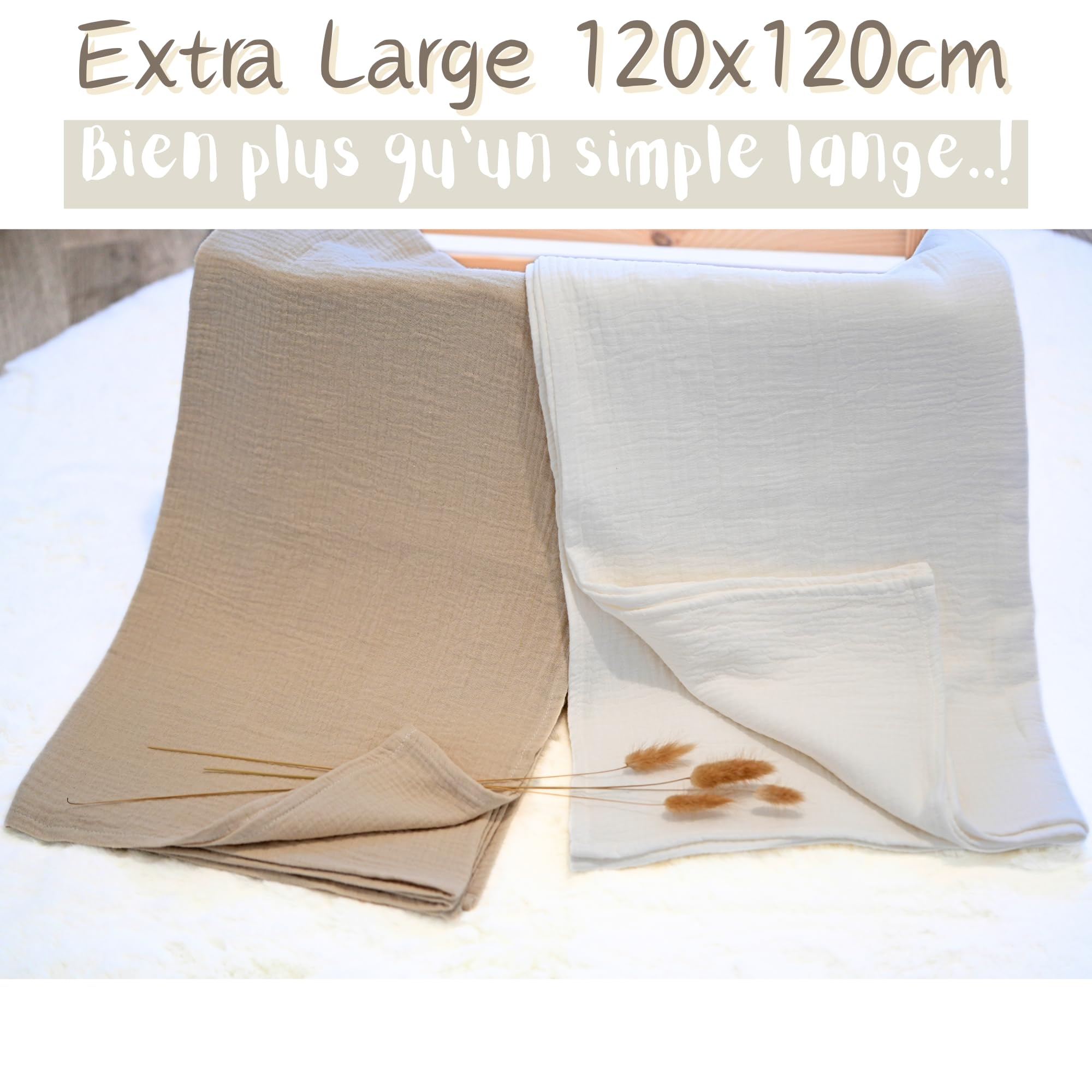 Lot de 2 Langes Bébé 120x120 cm – 100% Gaze de Coton Bio Ultra Douce – Couvertures d’Emmaillotage – Idée Cadeau de Naissance Mixte.