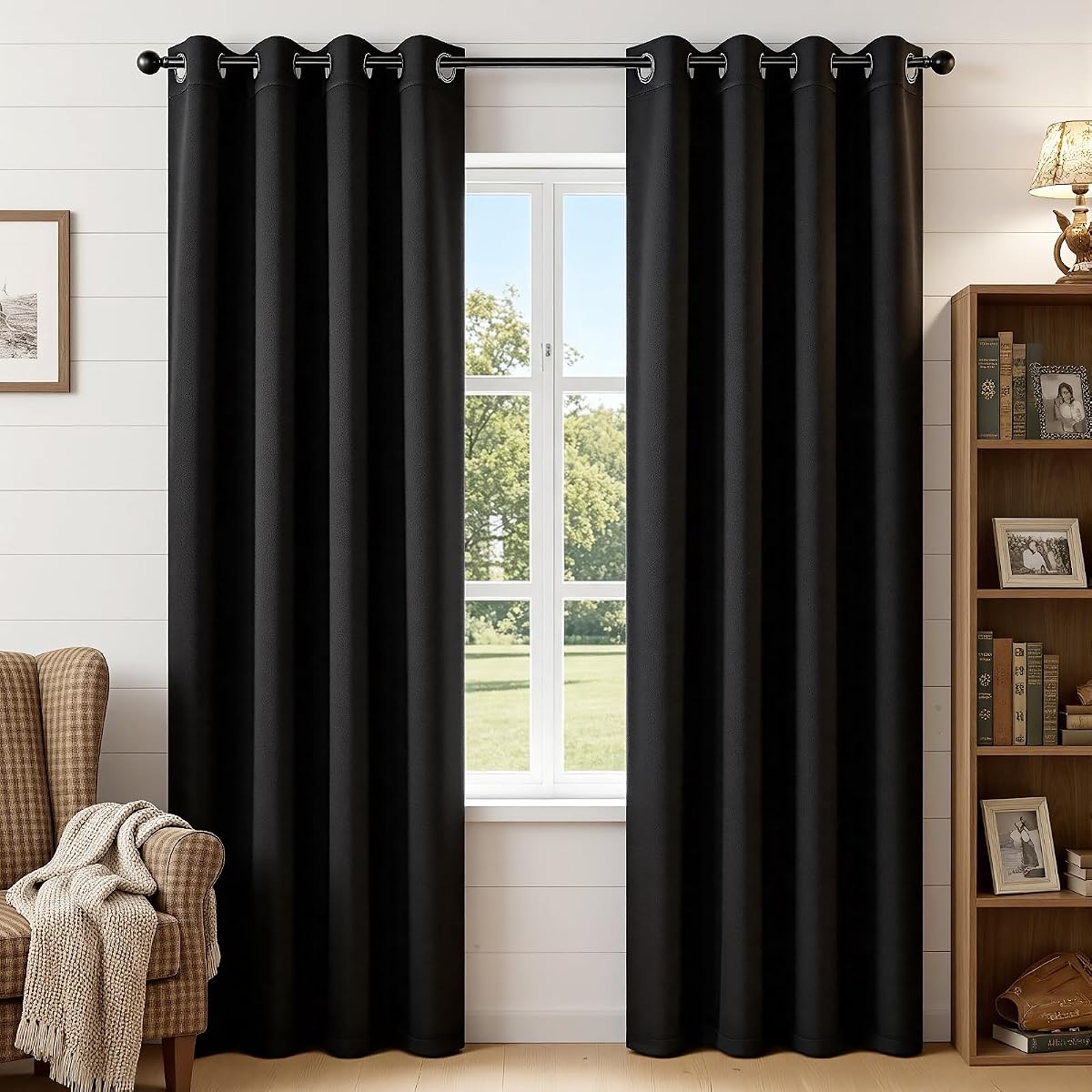 Joydeco Cortinas opacas de 95 pulgadas de largo, 2 paneles, cortinas y cortinas largas con aislamiento térmico, 2 Burg, cortinas con ojales para oscurecer la habitación, para sala de estar, dormitorio, ventana (52 x 95 pulgadas, negro)