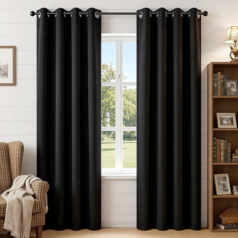 Joydeco Cortinas opacas de 95 pulgadas de largo, 2 paneles, cortinas y cortinas largas con aislamiento térmico, 2 Burg, cortinas con ojales para oscurecer la habitación, para sala de estar, dormitorio, ventana (52 x 95 pulgadas, negro)