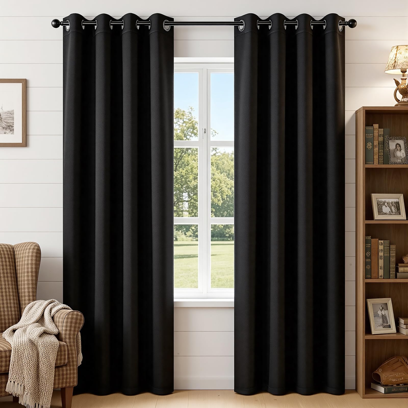 Joydeco Zasłony zaciemniające, 249 cm, zestaw 2 paneli, izolacja termiczna, długie zasłony i zasłony, 2 burg, zaciemniające zasłony do salonu, sypialni, okna (szer. 132 x dł. 240 cm, czarne)