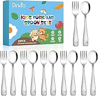 DRKIO 12-Piece Stainless Steel Toddler Utensils Set - Safe Kids Forks & Spoons, Dishwasher Safe, Mirror Polished Animal Designs