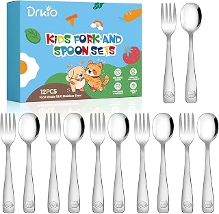 DRKIO 12-Piece Stainless Steel Toddler Utensils Set - Safe Kids Forks Spoons, Dishwasher Safe Mirror Polished Silverware