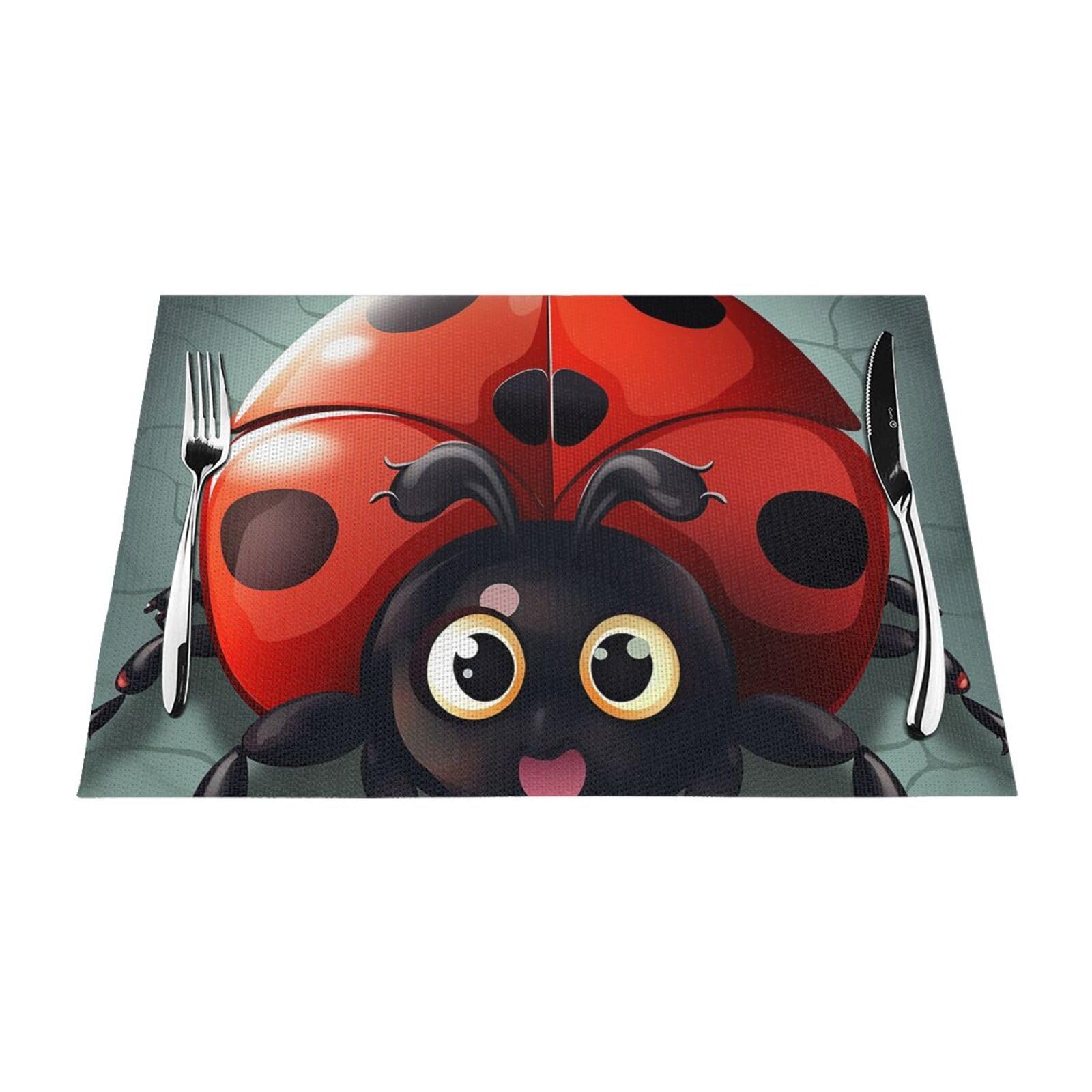 Cartoon Ladybug Placemats Set of 1 - Woven Vinyl Kitchen Table Placemats - Heat Resistant Non-Slip Place Mats for Dining Table, Washable Indoor Outdoor Table Mats 12x18 Inch