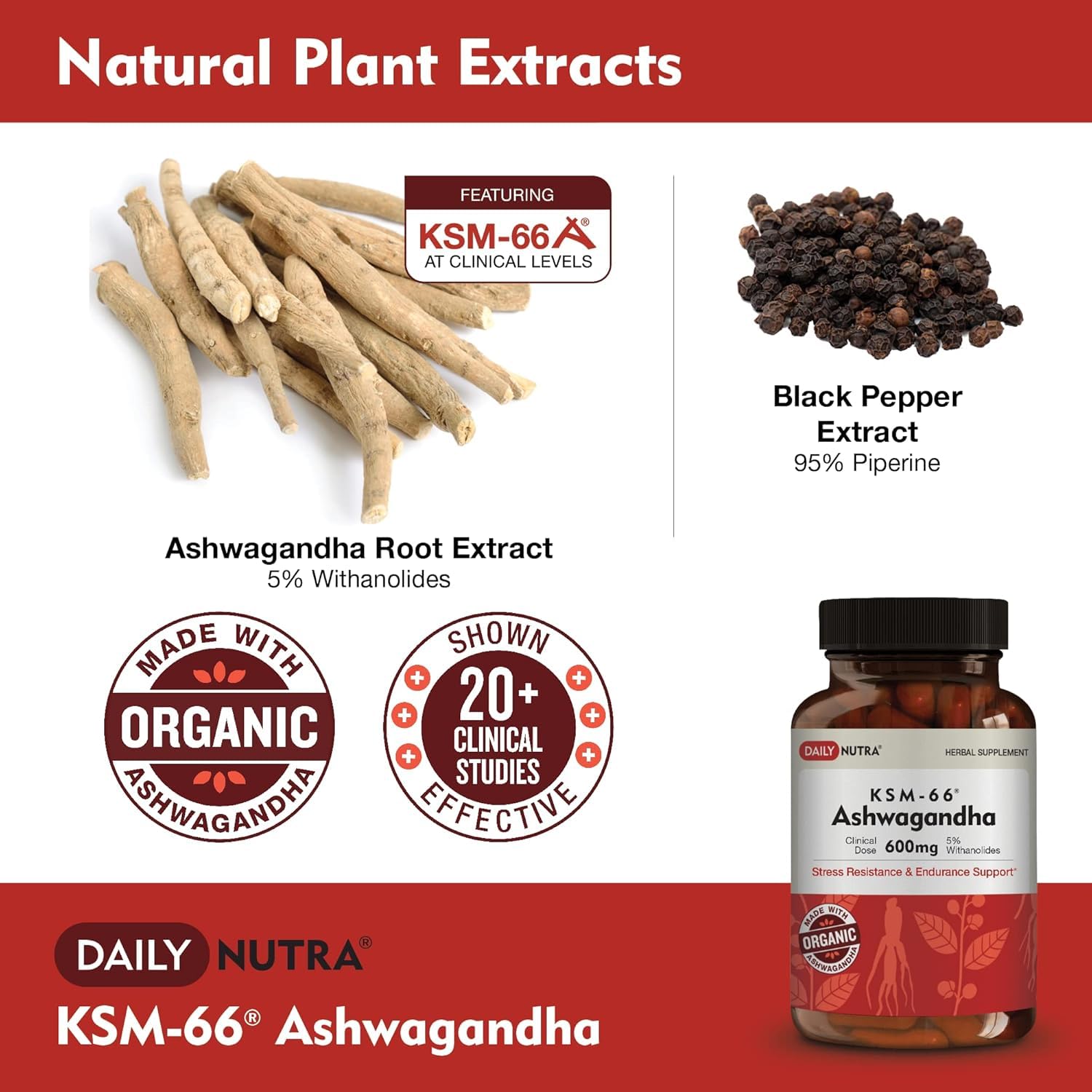 DailyNutra KSM-66 Ashwagandha 600mg Organic Root Extract - High Potency Supplement with 5% Withanolides | Relieves Tiredness, Supports Relaxation, Focus, Energy, & Muscle Growth (60 Capsules) — Amazon image 3