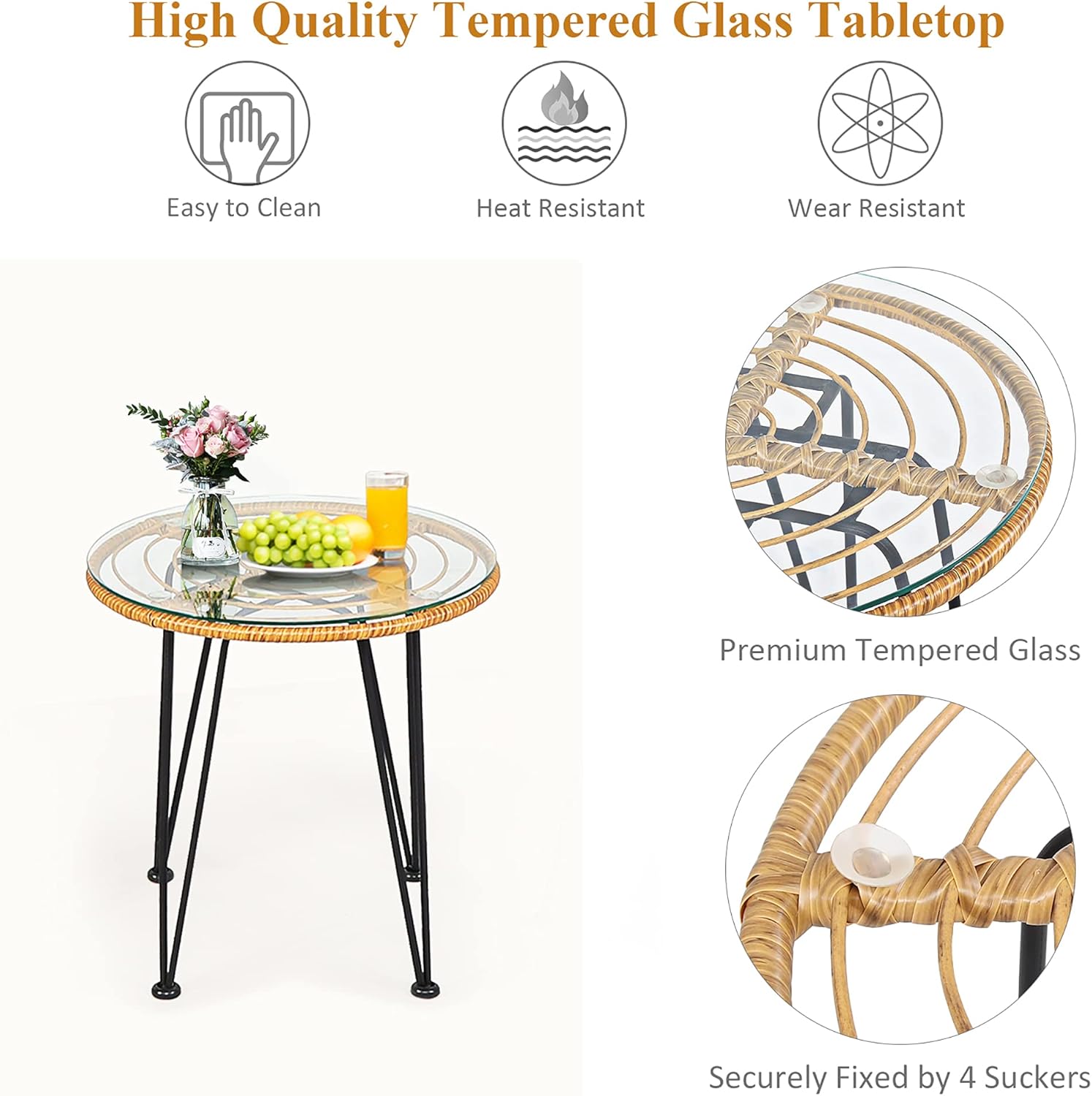 DORTALA 3 Piece Outdoor Bistro Set, Small Patio Furniture Set with with Metal & Wicker Frame, Tempered Glass Tabletop, All-Weather Table and Chairs for Backyard, Balcony, Poolside, White
