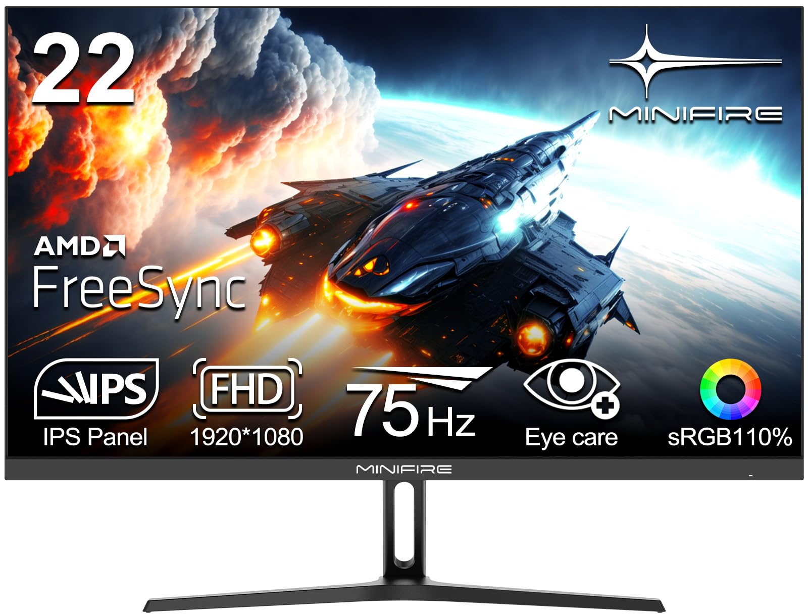 Minifire Monitor 22 pollici, FULL HD(1920 x 1080), IPS, 75 Hz, Adaptive Sync, Flicker Safe, 110% sRGB, Contrasto 3000:1, Tempo di Risposta 5 ms, HDMI 1.4, VGA, VESA, Reclinabile, Nero