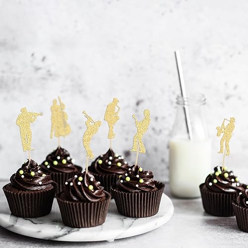 Miniatura 6 de Gyufise 24 adornos para magdalenas de músico, silueta musical con purpurina, para violonchelo, saxofón, juego de música, selecciones de cupcakes