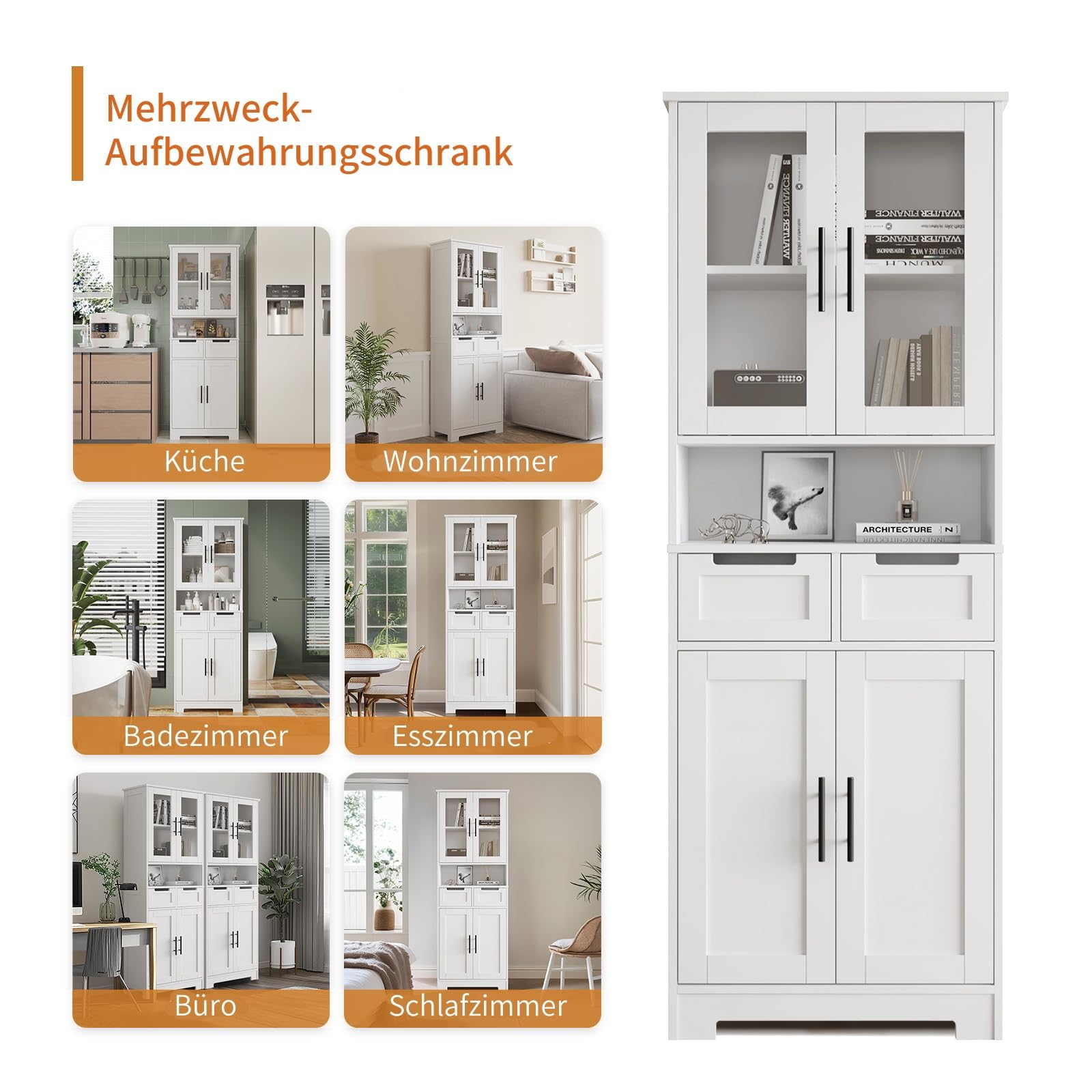 Bonnlo Küchenschrank, Vitrinenschrank, Hochschrank mit 4 Türen und 2 Schubladen, wohnzimmerschrank, für Wohnzimmer Küche Esszimmer Büro, 170x 60x30cm, Weiß