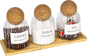 Tea Coffee Sugar Canisters Set of 3 Cork Ball Glass Jar, 450mL Storage Canister Set with Tray, Storage Containers with Lids for Home Kitchen Decor Organiser