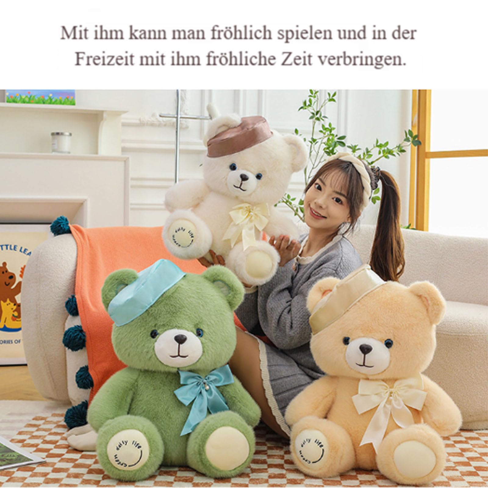 Teddybär Plüsch, Riesen Teddybär XXL mit Schleife und Baskenmütze, Weiches Nette Bär Puppe Tier Kuscheltier, Süße Stofftier Spielzeug, Geschenk für Kinder Jungen Mädchen Geburtstag (60cm,Champagner)