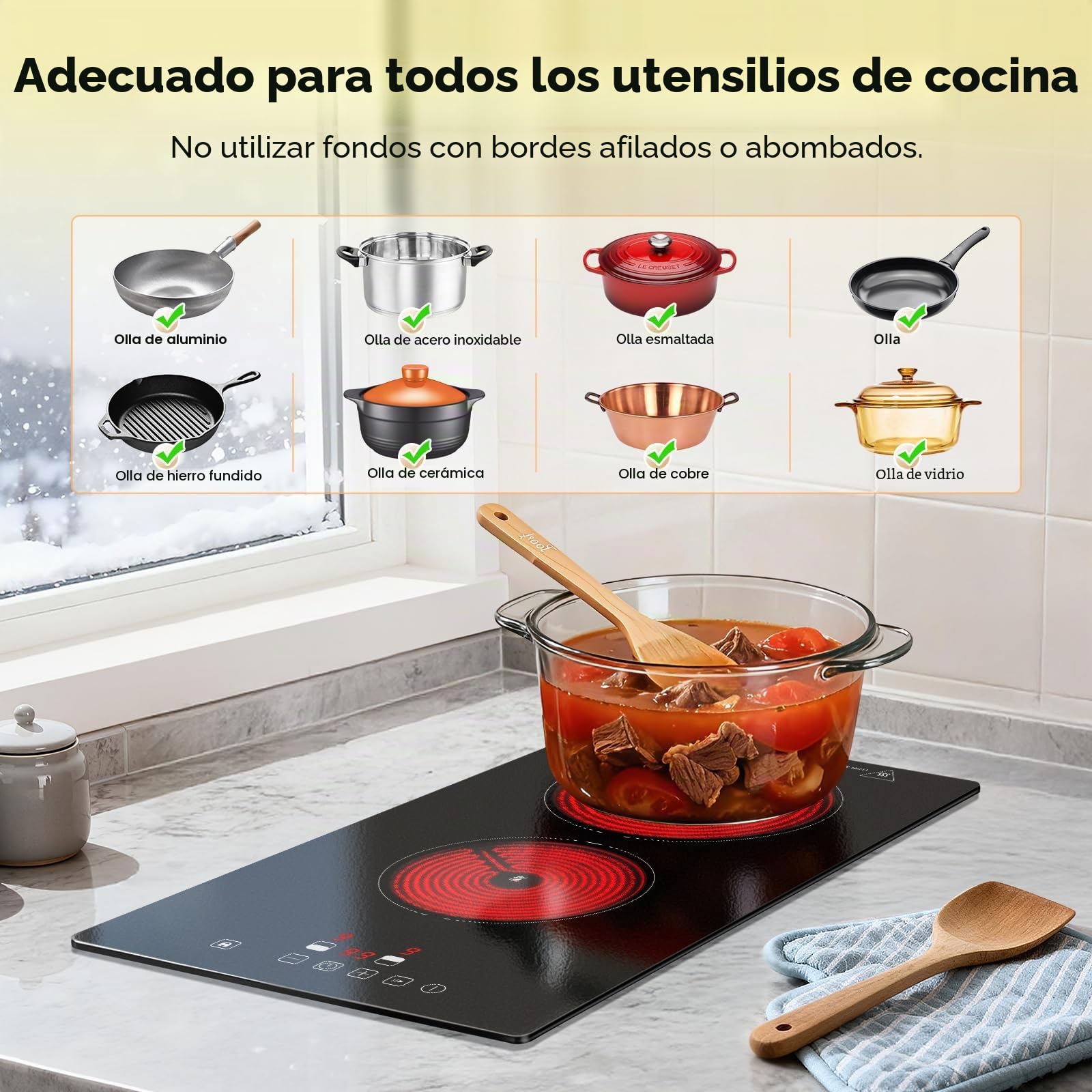 TopStrong - Placa vitrocerámica de 2 fuegos, placa de cocción eléctrica, empotrable 30 cm con control táctil, 3000 W, temporizador 99 min, bloqueo infantil
