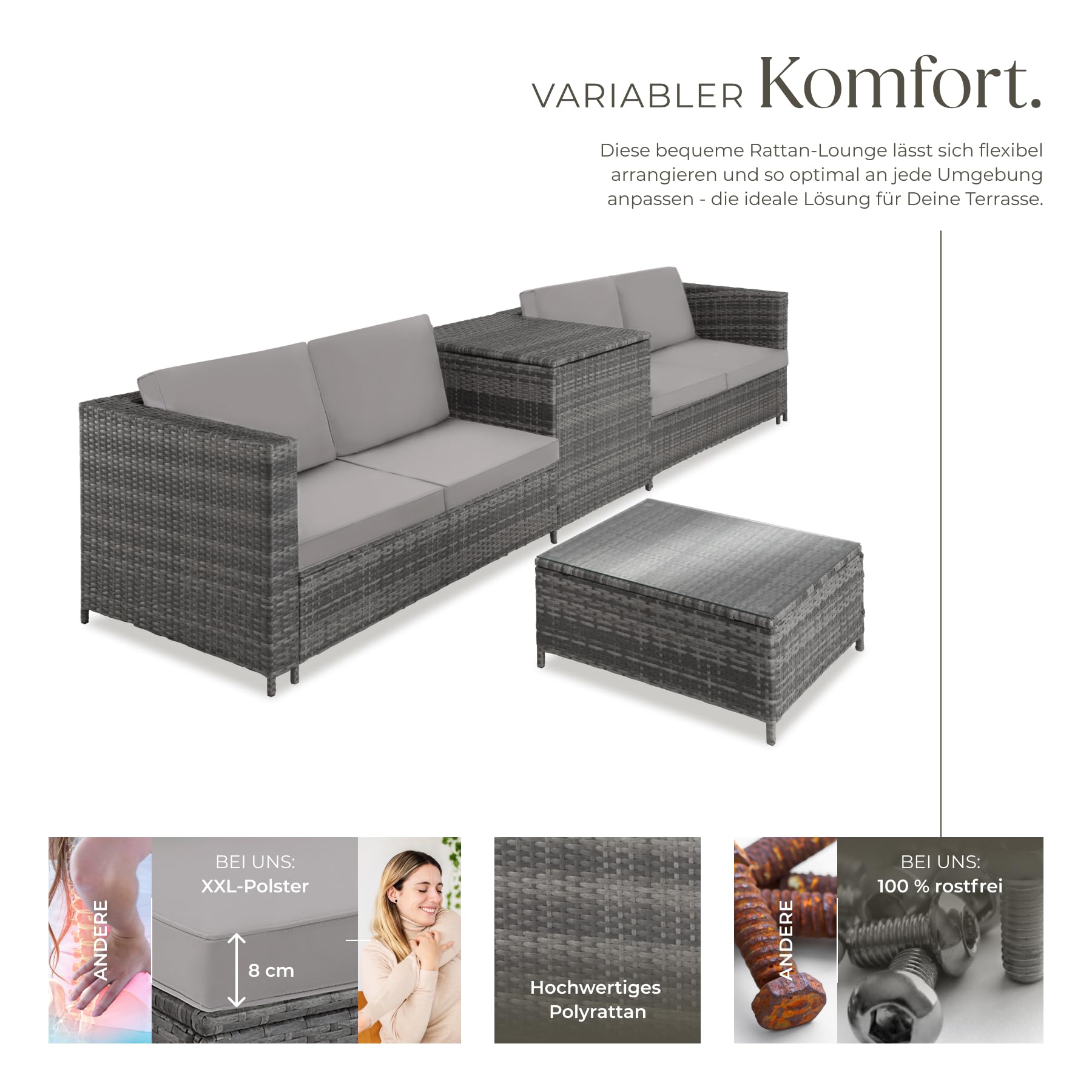 tectake Polyrattan Sitzgruppe für 4 Personen, Balkon Garnitur mit Sitzkissen, Aufbewahrungsbox draußen sowie Outdoor Couchtisch mit Glasplatte, Balkonmöbel Rattan - grau/hellgrau