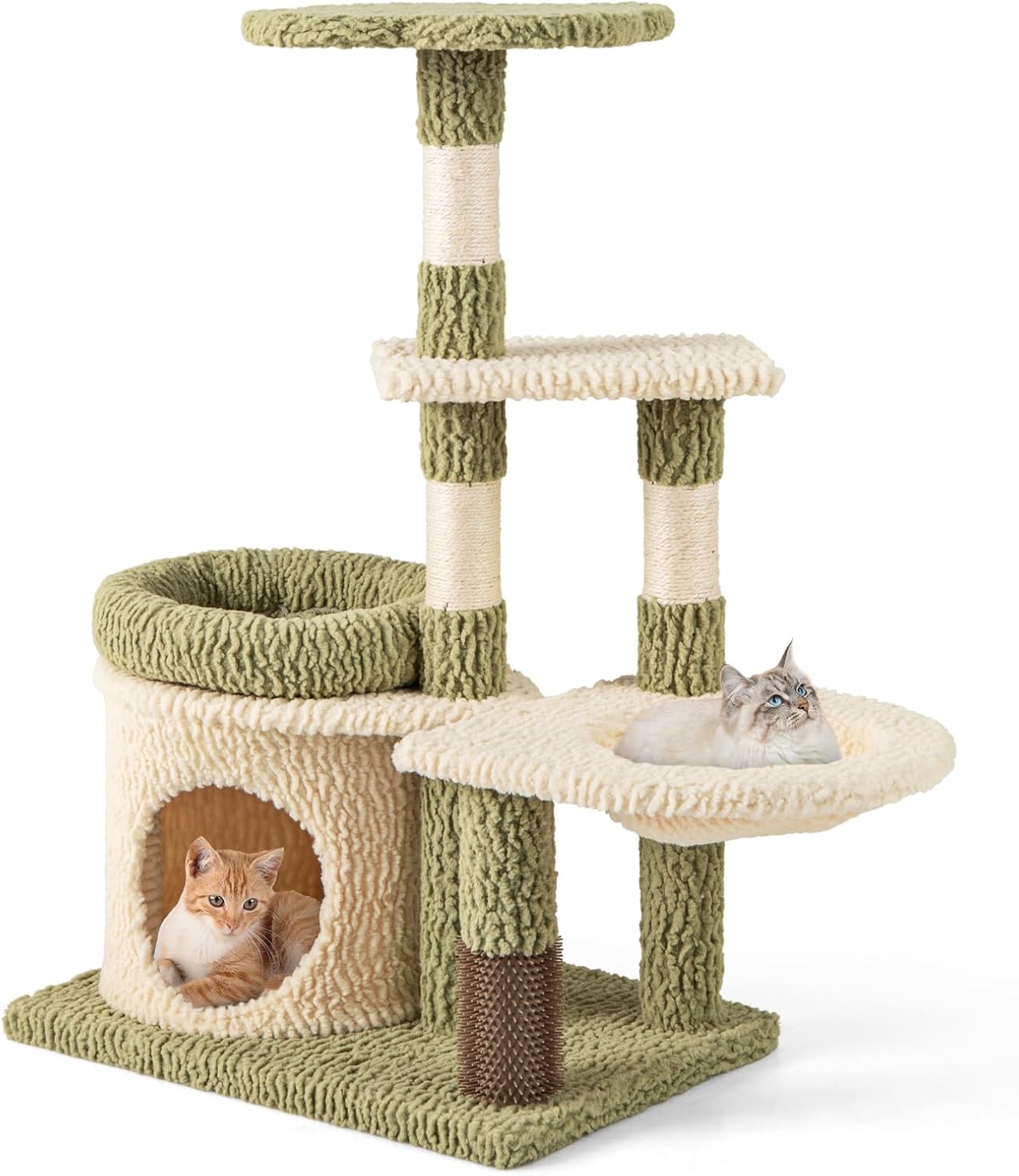 PETSITE 38 Inch Cute Cat Tree, Modern Multi-Level Cat Tree Tower with Sisal Scratching Posts, Self Groomer, Private Condo, Side Basket, and Soft Padded Cushion, Green
