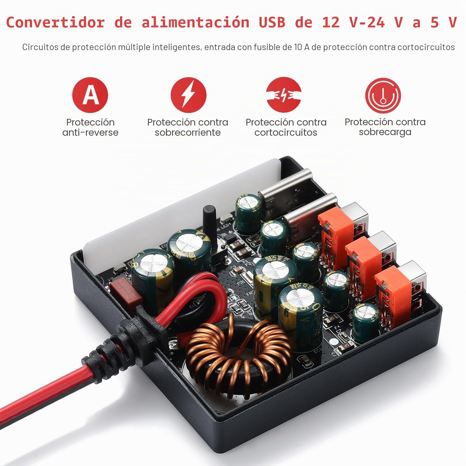 2.4A 60W DC 12V a 24V a 5V Convertidor de Corriente USB de 5 Puertos | 5 Puertos de Carga USB, Adaptador de Cargador de Coche, Con Clip de Batería, Para Teléfono